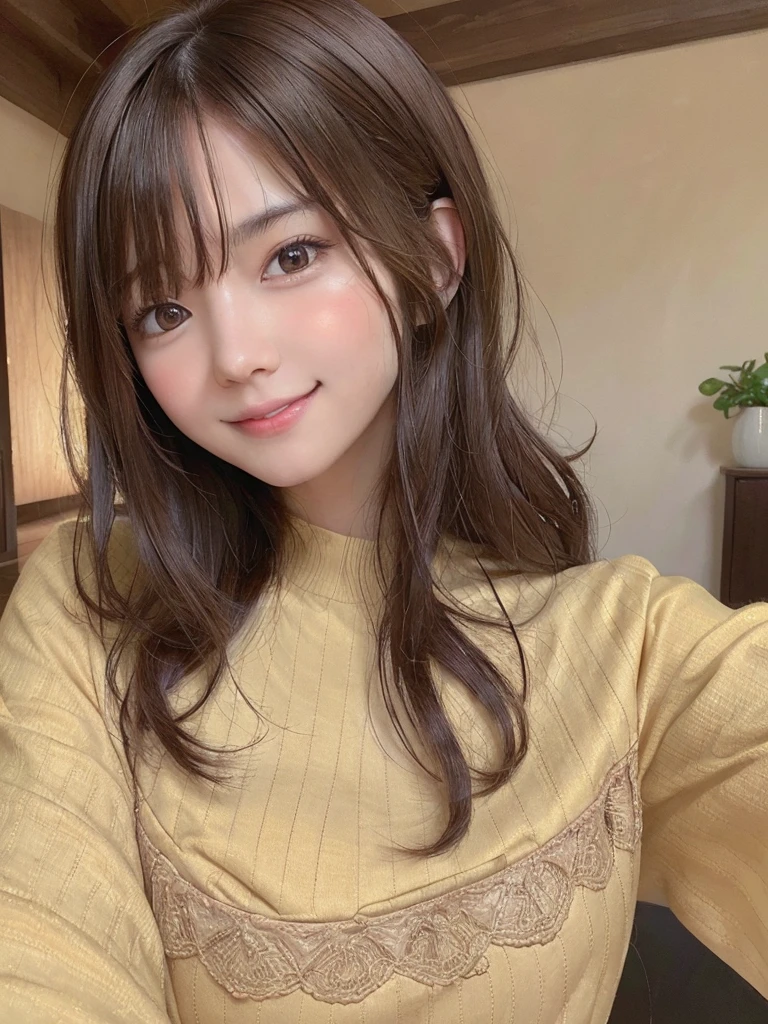 yellow one peace, one girl, brown hair, hair over neck, grin, blush, Surrealism, Hyperrealism, Verism, wide shot, UHD, masterpiece,  ccurate, anatomically correct, textured skin, super detail, high details, high quality, highres, 1080P, HD, 8k
