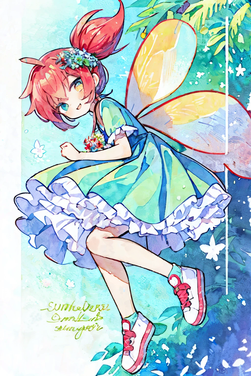 Pastel Watercolor、redhead, 1 girl, Has 4 correct fairy wings on its back、summer👗、ハート型のsummer flowerwreath background:1.0、white, high ponytail、platform sneakers、smile、Up from the side