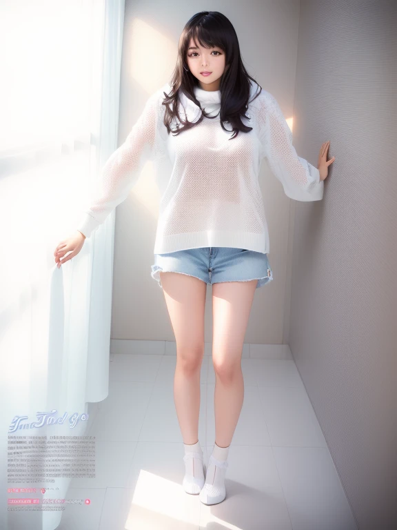 Arabian woman in white sweater and denim shorts standing on white tile floor, kimi takemura, Magazine Photos, Young and skinny gravure idol, Young and cute gravure idol, Hole in the Motto, Long legs, Full Leg, Young Gravure Idol, tsubasa nakai's style, Chiho, Beautiful face with arms and legs