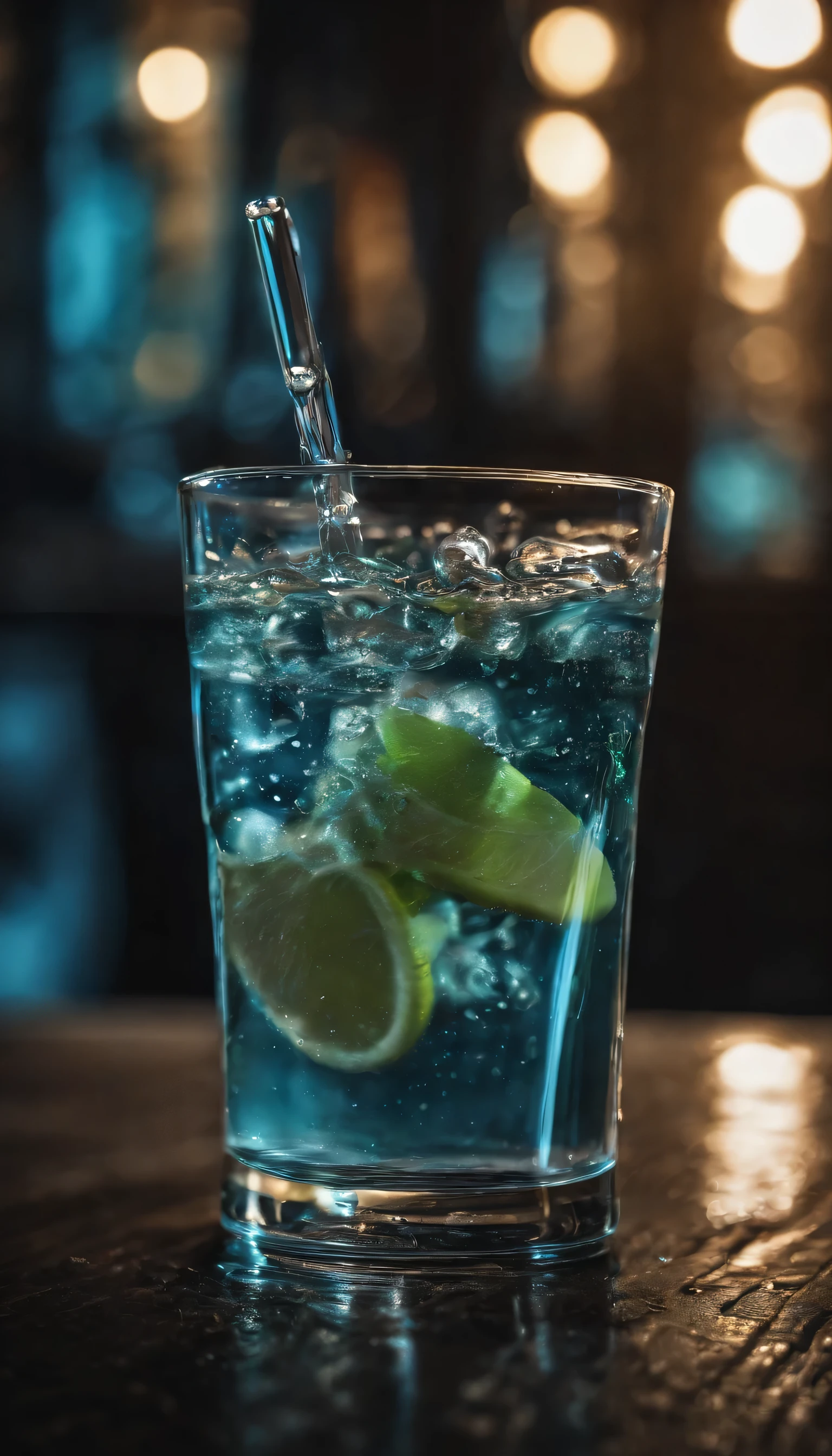 a close up of a glass of water with a straw and a spoon, digital art by Aleksander Gierymski, deviantart, digital art, glowing liquid, glowing neon vray, crystal clear neon water, glowing water, full of glass. cgsociety, amazing wallpaper, teal neon lights, glowing blue, hd phone wallpaper, blue neon, blue glow