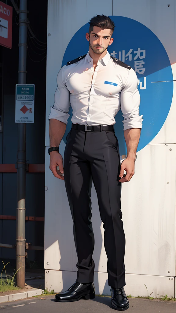 An alluring european man face, natural blue eyes, big feet, black socks, full body, a man in police uniform , large bulge, long legs, slim waist, looking at viewer, 30 years old, muscled and mature chest, short haircut, shirt button undone, blue eyes, flush, organism, confident face, sweating, tight cloth, erecting