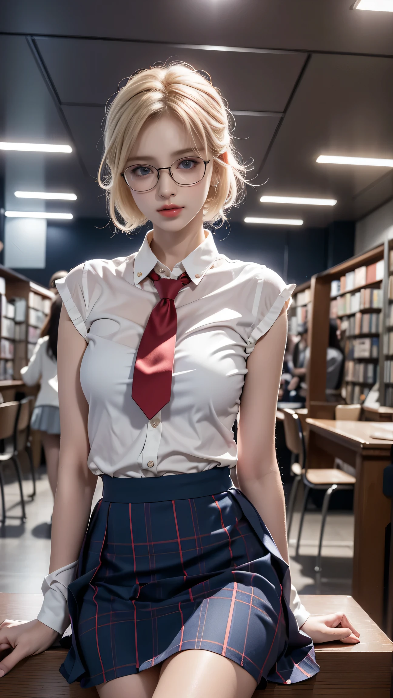 （(Girl sitting on chair in library))、Best quality work，Actual work，Ultra Premium Graphics，8K HD CG works，High quality graphics，High-definition CG works，10x pixels，Extremely fine detail：1.1，Advanced Technical Details：1.1 Photorealistic，Indoor lighting effects：1.5，Natural light：1.5. Light effects（virtual Light effects：1.8）,((Golden white short hair)）、（Bob Hair）, Thin eyebrows，High nose, Nice red lips, Rose Cheeks, A face with subtle makeup , Cute face, perfectly balanced face，(girl in school uniform），A light-toned foundation enhances the clarity of your skin.、,((White blouse、Red tie、Dark blue checked skirt)). 40k, photograph, Tabletop, highest quality, Rainy background, ((1 Gorgeous wet light haired girl with beautiful eyes, She has a beautiful face and wears glasses, )). White skin, Various poses.((Medium sized breasts,:1.1)), highest quality, Tabletop, Ultra-high resolution, (Realistic:1.4), RAWphotograph, (Perfect figure), (slim:1.3), Slim abdomen, Perfect slim figure, Dynamic Pose, alone, Cold light 12000K, Very detailed facial and skin texture, Fine grain, Realistic eyes, Beautiful fine grain, (Realistic Skin), Charm, 超A high resolution, Surreal, Very detailed,