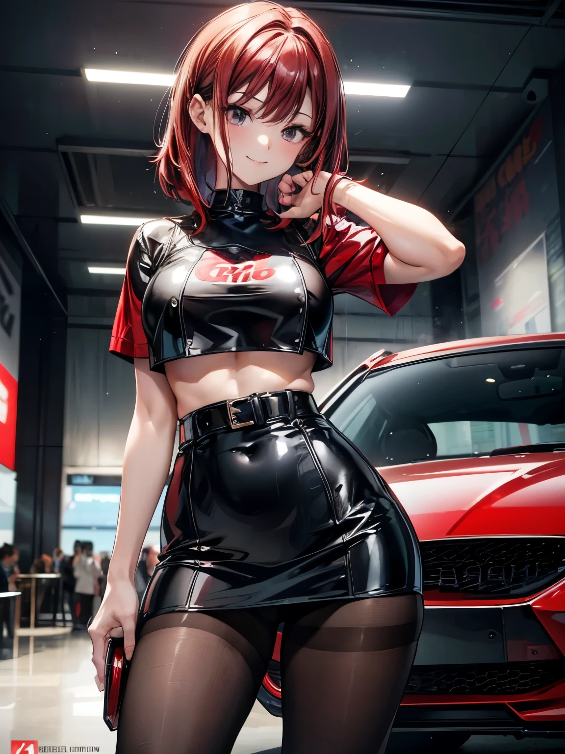 highest quality、Nice sexy body、One Woman、solo、(Beautiful busty woman:1.5)、Medium hair woman、((Woman with dark red hair))、Race Queen、Campaign girl、A woman wearing a black and red patent leather short top、A woman wearing a top with a logo、A woman wearing a black patent leather miniskirt、A woman wearing brown pantyhose、Standing woman、event venue、motor Show、smile、Sexy pose