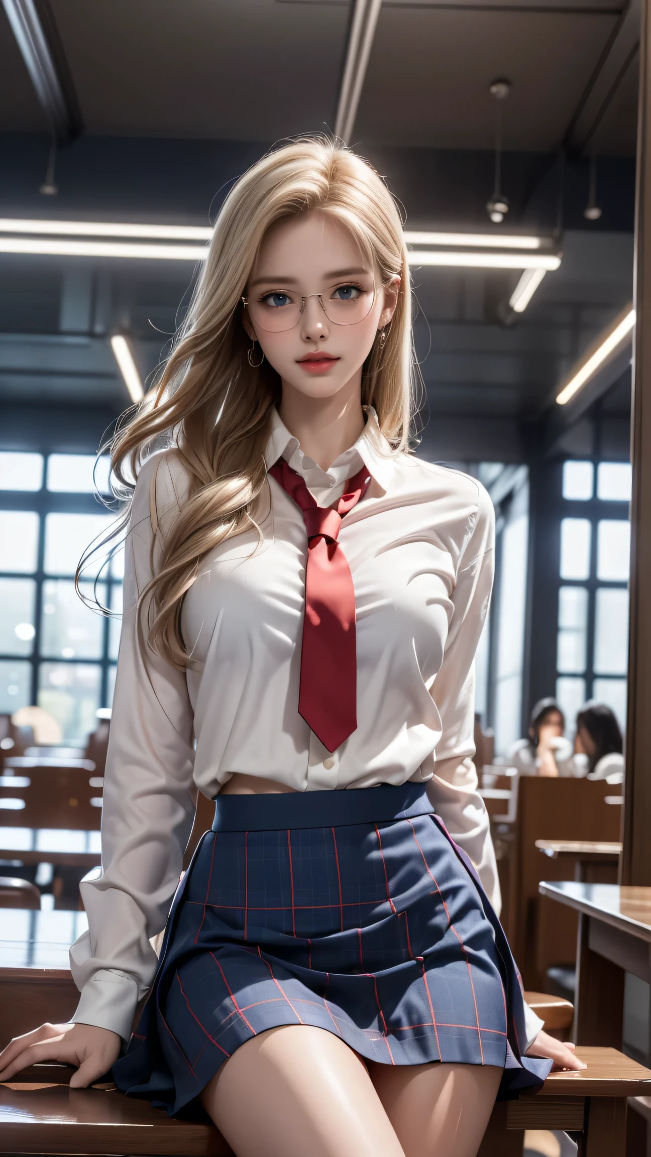 （(Girl sitting on chair in library))、Best quality work，Actual work，Ultra Premium Graphics，8K HD CG works，High quality graphics，High-definition CG works，10x pixels，Extremely fine detail：1.1，Advanced Technical Details：1.1 Photorealistic，Indoor lighting effects：1.5，Natural light：1.5. Light effects（virtual Light effects：1.8）,((Golden white short hair)）、（Bob Hair）, Thin eyebrows，High nose, Nice red lips, Rose Cheeks, A face with subtle makeup , Cute face, perfectly balanced face，(girl in school uniform），A light-toned foundation enhances the clarity of your skin.、,((White blouse、Red tie、Dark blue checked skirt)). 40k, photograph, Tabletop, highest quality, Rainy background, ((1 Gorgeous wet light haired girl with beautiful eyes, She has a beautiful face and wears glasses, )). White skin, Various poses.((Medium sized breasts,:1.1)), highest quality, Tabletop, Ultra-high resolution, (Realistic:1.4), RAWphotograph, (Perfect figure), (slim:1.3), Slim abdomen, Perfect slim figure, Dynamic Pose, alone, Cold light 12000K, Very detailed facial and skin texture, Fine grain, Realistic eyes, Beautiful fine grain, (Realistic Skin), Charm, 超A high resolution, Surreal, Very detailed,
