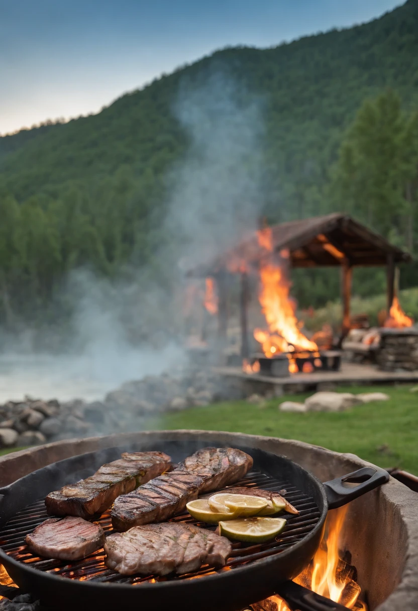 (highres:1.2),brightly lit,
meaty,
outdoor,
lake view,
waterfall,
cooking utensils,
steak sizzling,
campfire,
knife skills,
grilling perfection,
freshly marinated meats,
wooden chopping board,
seasonings and spices,
grilled vegetables,
smoky aroma,
culinary expertise,
adventurous flavors,
mouthwatering feast,
rustic setting,
professional cooking equipment,
scenic landscape,
serene atmosphere,
open fire grill,
gourmet experience,
succulent meat juices,
satisfying meal,
nature's backdrop,
culinary adventure,
expert griller,
delicious results,
cozy campsite,
charred grill marks,
vibrant colors,
natural lighting,
sizzling sounds,
mountainous surroundings,
waterfall mist,
delightful flavors,
skillful technique,
al fresco dining,
culinary masterpiece.