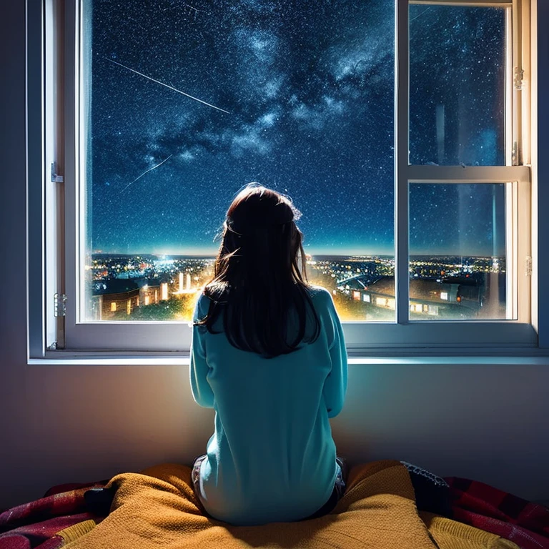 Looking at the starry sky outside the window from inside the room,girl,An illustration