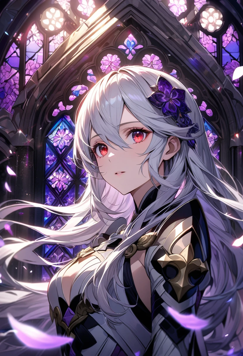 Ultra detailed, Highres, absurdres, HDR, Corrin, white long hair, master piece, expressive red eyes, Fire Emblem Fates, purple stained glass, purple ice flowers, purple ice, petals, extremely beautiful, woman, perfect face, solo, very detailed eyes and face, purple glass, glittering, extremely pretty, patterns
