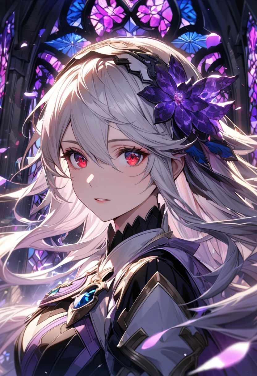 Ultra detailed, Highres, absurdres, HDR, Corrin, white long hair, master piece, expressive red eyes, Fire Emblem Fates, purple stained glass, purple ice flowers, purple ice, petals, extremely beautiful, woman, perfect face, solo, very detailed eyes and face, purple glass, glittering, extremely pretty, patterns