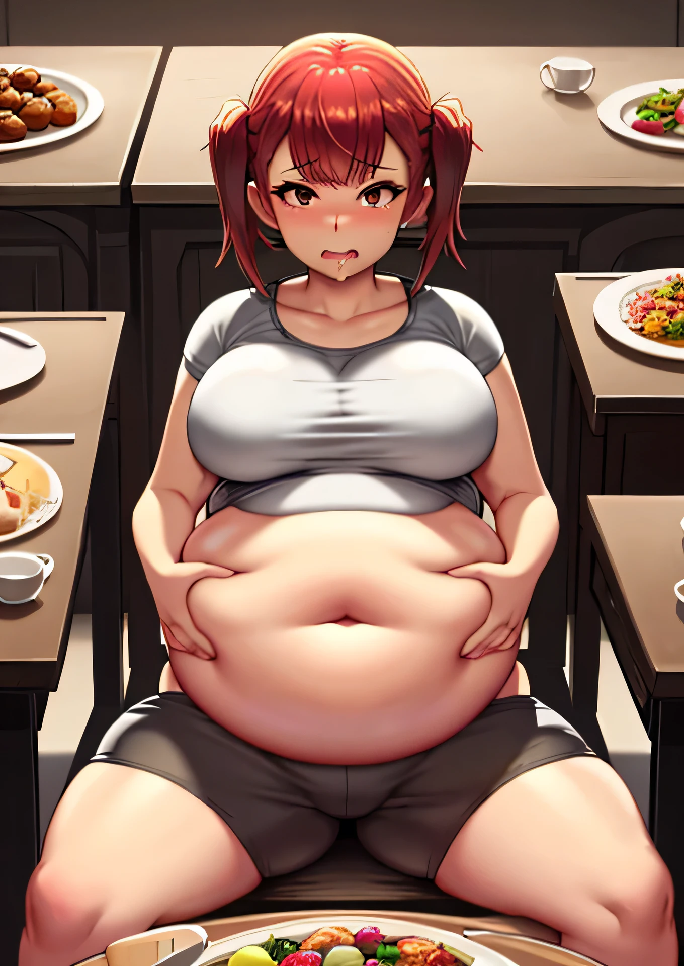 fat, big belly, big belly, very fat, sitting, A table with a lot of food, I was shocked, Maki Shigo