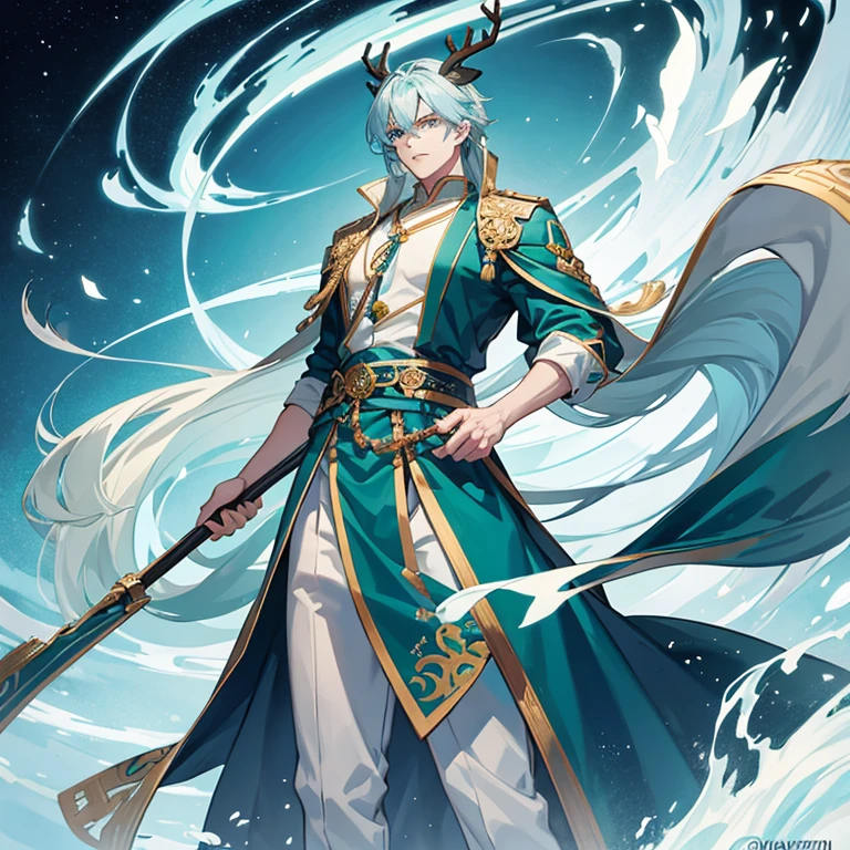 Tall and manly young man, pale complexion, long flowing blue hair, sky blue eyes, green deer horns, green and blue ancient Chinese traditional costume with jewels, scimitar on belt with water around
