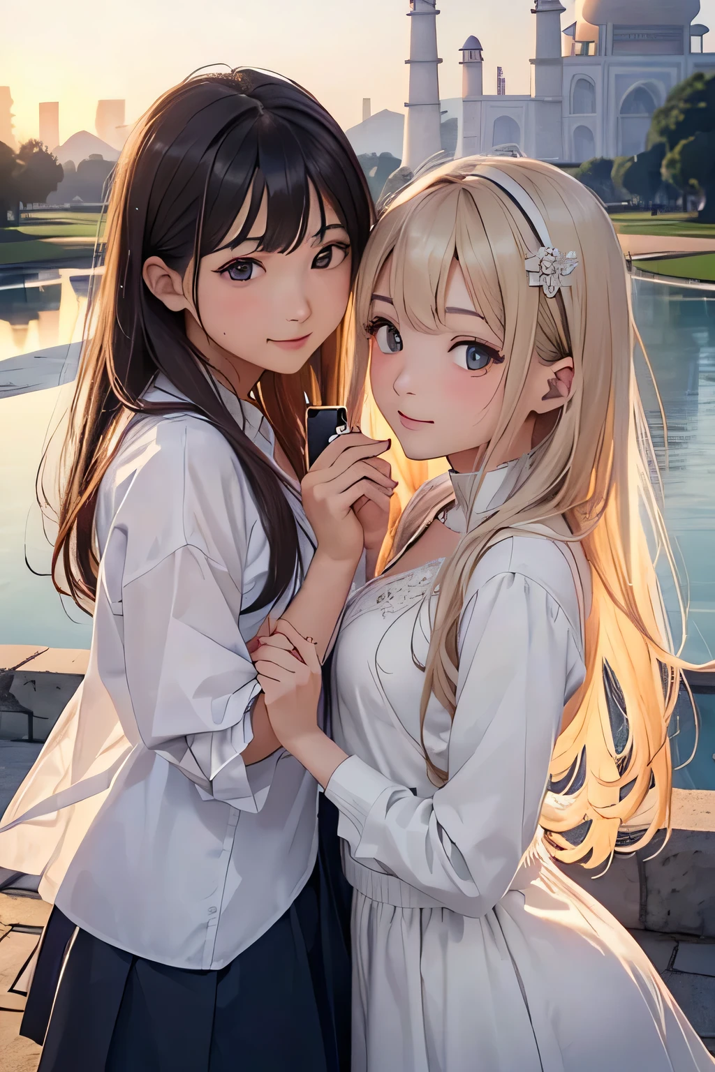 highest quality、High resolution、Detailed Background、(Beautiful face in every detail:1.4)、Anatomically correct、(Draw the usual number of fingers:1.2)、(Detailed facial expressions)、(Detailed eyes:1.2)、(Detailed eyes:1.2)、Beautiful, smooth skin、Beautiful women in their 20s、(Highly detailed face:1.4)、cute hair color、Braided long hair、Wavy Hairstyle、well-groomed eyebrows、cute eye makeup、Cute Lip Makeup、Perfect body line、In a joking manner、(Cute clothes with minimal exposure:1.2)、Cowboy Shot、

(Two beautiful women taking photos with a world heritage site and beautiful scenery in the background:1.5)、

The Taj Mahal is a world-famous white marble structure in Agra, India.、Take photos with the beautiful Taj Mahal as a backdrop, especially when lit up at night.、

Holding hands while watching the sunset、Especially when the couple is holding hands with the sunset in the background at the beach or on a mountain top.、
You can take photos of the two of you making cute poses and expressions to create special memories.、cute