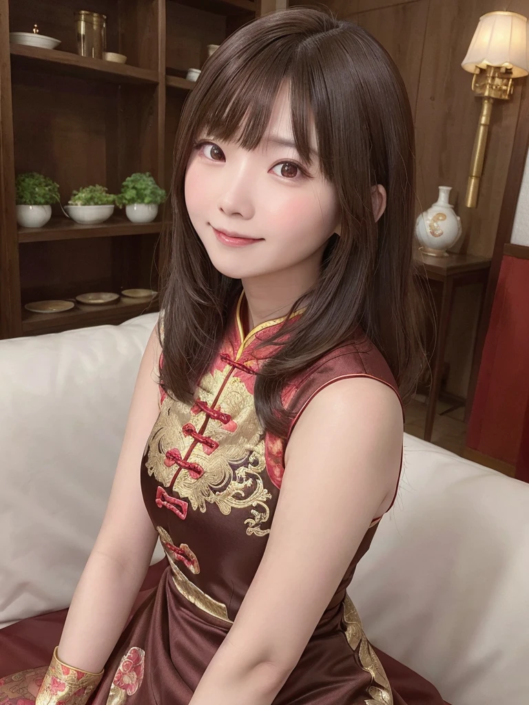 dress,Chinese clothing,china dress,brown hair, hair over shoulder, 26years old woman, grin, blush, Surrealism, Hyperrealism, Verism, wide shot, UHD, masterpiece, ccurate, anatomically correct, textured skin, super detail, high details, high quality, highres, 1080P, HD, 8k