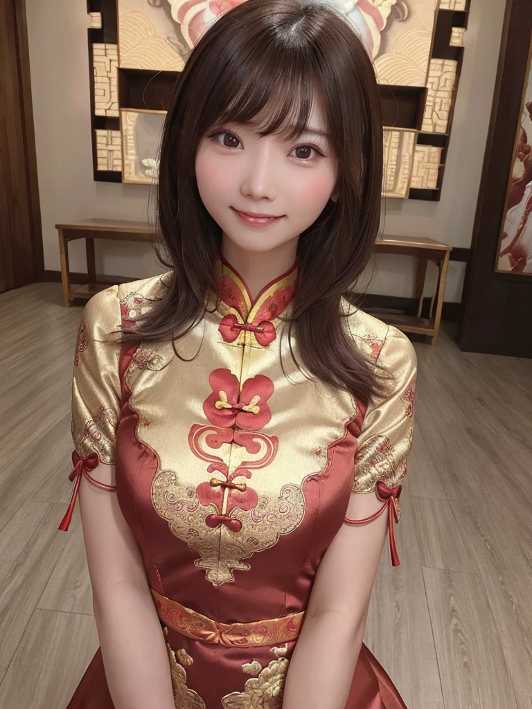 dress,Chinese clothing,china dress,brown hair, hair over shoulder, 26years old woman, grin, blush, Surrealism, Hyperrealism, Verism, wide shot, UHD, masterpiece, ccurate, anatomically correct, textured skin, super detail, high details, high quality, highres, 1080P, HD, 8k
