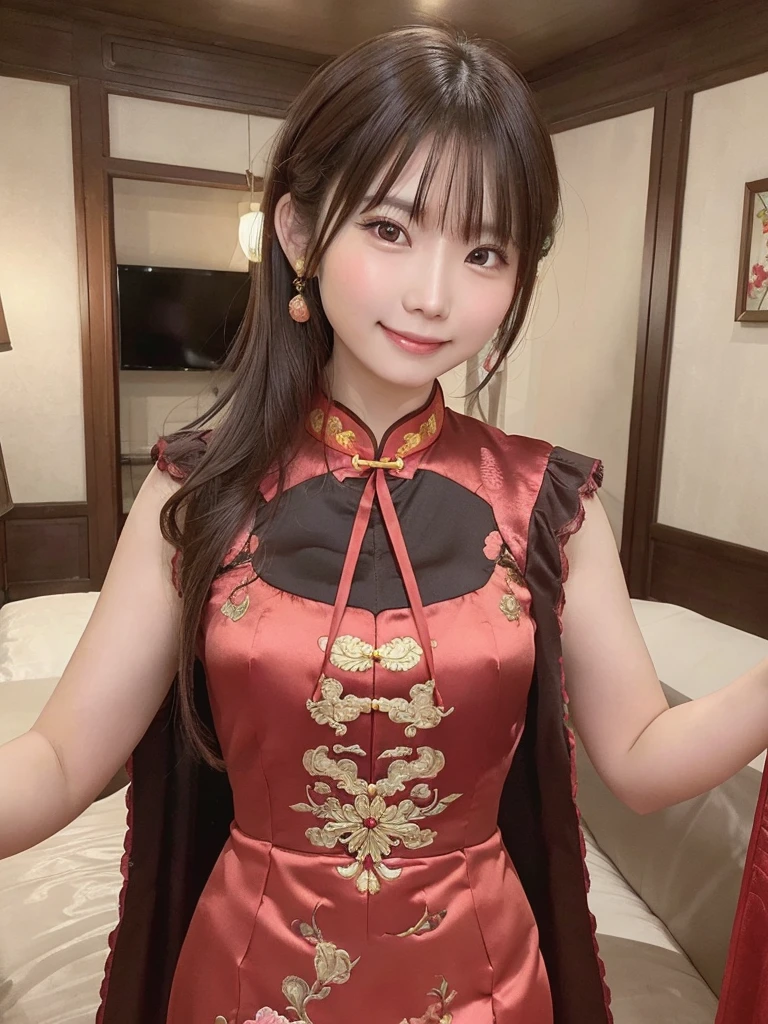 Red dress,Chinese clothing,china dress,brown hair, hair over shoulder, ponytail, grin, blush, Surrealism, Hyperrealism, Verism, wide shot, UHD, masterpiece, ccurate, anatomically correct, textured skin, super detail, high details, high quality, highres, 1080P, HD, 8k