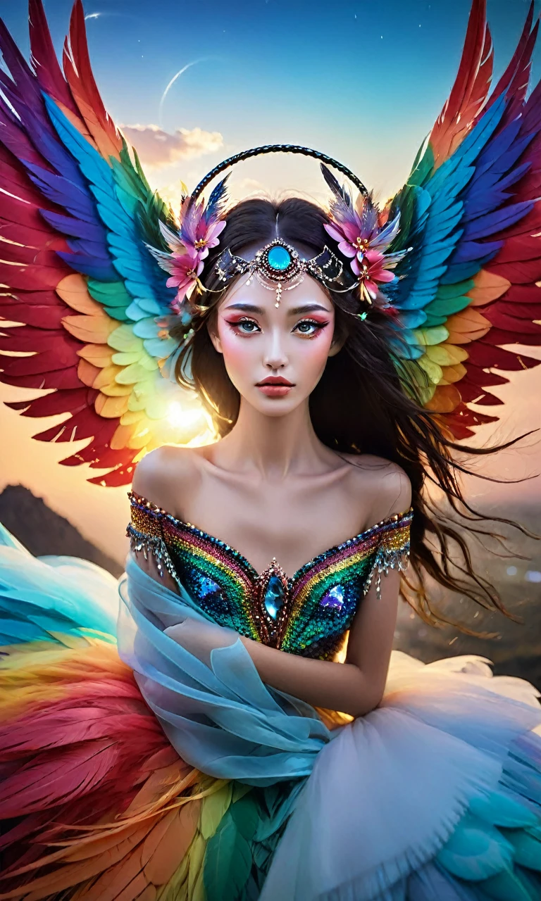 Dramatic depiction of a stunning beauty with glittering wings,Rainbow feathers. She flew over surrealism,Dusk sky,Leaving a trail of stardust behind. Her eyes sparkled with mystery and curiosity.. She is surrounded by floating islands that are not affected by gravity.,Each piece is decorated with bright colors,Floating crystal. Bold and fantastical colors,Create an otherworldly beauty. Use drone cameras to capture unique angles.,