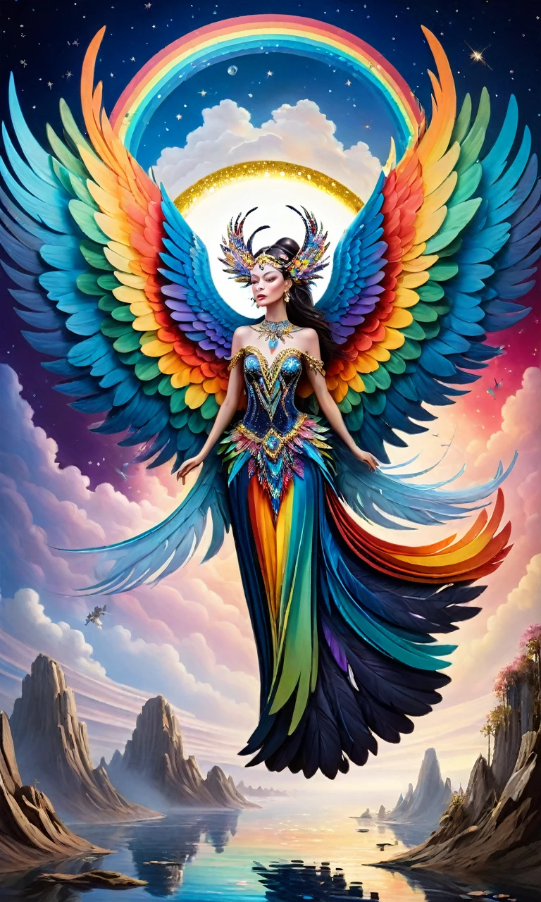 Dramatic depiction of a stunning beauty with glittering wings,Rainbow feathers. She flew over surrealism,Dusk sky,Leaving a trail of stardust behind. Her eyes sparkled with mystery and curiosity.. She is surrounded by floating islands that are not affected by gravity.,Each piece is decorated with bright colors,Floating crystal. Bold and fantastical colors,Create an otherworldly beauty. Use drone cameras to capture unique angles.,