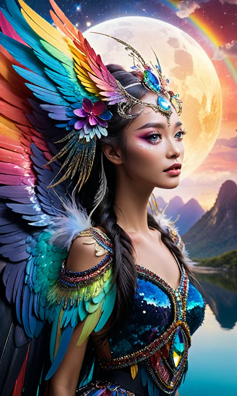 Dramatic depiction of a stunning beauty with glittering wings,Rainbow feathers. She flew over surrealism,Dusk sky,Leaving a trail of stardust behind. Her eyes sparkled with mystery and curiosity.. She is surrounded by floating islands that are not affected by gravity.,Each piece is decorated with bright colors,Floating crystal. Bold and fantastical colors,Create an otherworldly beauty. Use drone cameras to capture unique angles.,