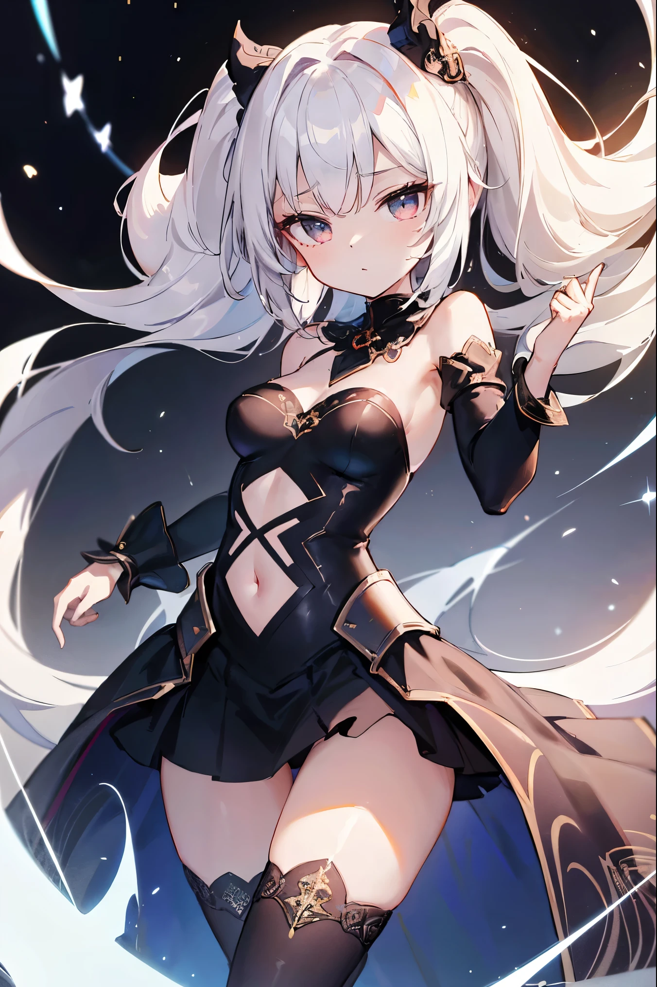 1girl, anime, cute girl, blank background, white background, fantasy, detailed fantasy dress with highlights, beautiful face, beautiful eyes, dark colors, black hair with multicolor streaks, red eye with different color pupil in eye, multicolor eye, medium breasts, slight cleavage, beautiful skin, cute, breast curtains, extremely delicate and beautiful, (beautiful detailed face:1.0), (detailed deep eyes), symmetrical breasts, deep eyes, shiny skin, portrait, slender waist, hips wider than shoulders, thighs, expressionless, young girl, luminous eyes, adorable,(Kpop idol),(aegyo sal:1),(Platinum blonde hair:1),((puffy eye)),Black panty,sexy posture,Superskirt, Ultra-high resolution,Black collar,slim figure, Abdominal y tattoo, womb tattoo,Tight-fitting leg ring,y tattoo on half-body,Bare skin, Armored hand,Hidden fingertips,Hand covered,Arm covered,Fist covered,{{beautiful detailed fingers}}, tufts of hair, moderate beautiful breast:1.0,(masterpiece:1.2), best quality, high-res, HDR, perfect face, intricate armor, delicate blue filigree, intricate filigree, red metalic parts, detailed part, dynamic pose, dynamic lights, cute face, neutral expression