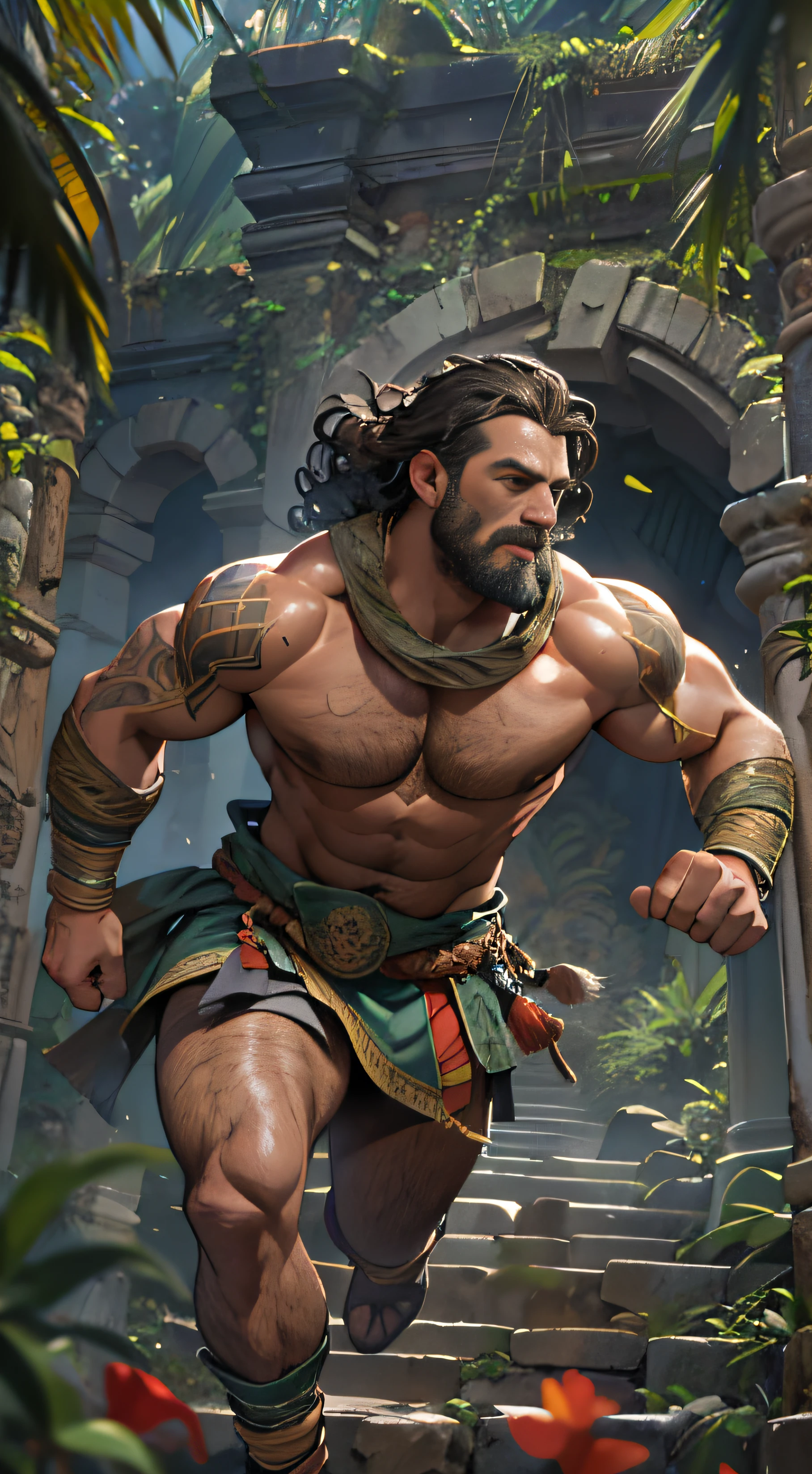 Muscular boss running towards enemy Spaniards, parcialmente parte superior do corpo, uncovered lower body from thighs to feet,, long, flowing curls, detalhes musculares intrincados, arte fotorrealista, Qualidade 4K. Fundo: Dense jungle with ancient ruins,32K Ultra HD, melhor qualidade, obra de arte, super detalhe, detalhes altos