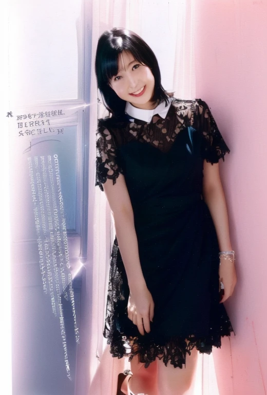 There is a woman standing in a room in a black dress, Magazine Scanning, Magazine Photos, Chiho, kimi takemura, Ishida Sui with black hair, harumi, narumi kakinouchi, magazine article, Advertising images, With a cute - lovely - face, High quality scan, Hole in the Motto, An innocent smile, A sophisticated gravure idol