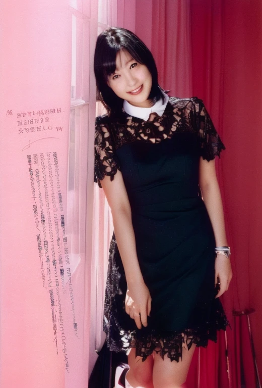 There is a woman standing in a room in a black dress, Magazine Scanning, Magazine Photos, Chiho, kimi takemura, Ishida Sui with black hair, harumi, narumi kakinouchi, magazine article, Advertising images, With a cute - lovely - face, High quality scan, Hole in the Motto, An innocent smile, A sophisticated gravure idol