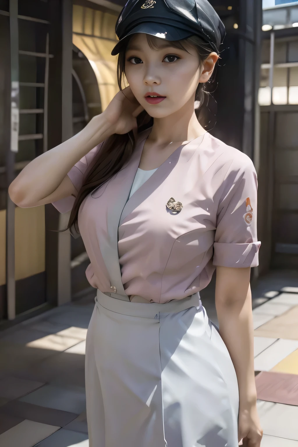 (Realistic:1.3), In detail, quality, Rembrandt Lighting, (masterpiece:1.2), (photoRealistic:1.2), (best quality), (Detailed skin:1.3), (Intricate details), dramatic, Ray Tracing,One girl, , Great photos with beautiful saturation, Ultra-high resolution,(Realistic:1.4)),(highest quality, masterpiece), Deep Shadow, Pale skin, shade, Very detailed, Breaking Depth of Field, Film Grain, Wrinkled skin,, masterpiece,ultra Realistic,32k,Very detailed CG Unity 8k wallpaper、(Wearing a pink short-sleeved jacket uniform and a gray culottes skirt uniform20A female flight attendant around age), Big Breasts、A proper woman, Beautiful Face, Dark brown hair, (Long hair down to the waist),Tie your hair with a rubber band、 (Pink short-sleeved jacket uniform:1.1, shirt:1.05, Gray culottes skirt uniform:1.1)、(Pink short-sleeved jacket uniformの裾はGray culottes skirt uniformの外に出す), (Black round cap for women)、pantyhose、pumps, Perfect slim body:1.1, Detailed skin texture, Beautiful Eyes, (Attractive look:1.2), (Background of the station platform, Bright lighting),Full Body Shot、Thin legs、Beautiful standing posture、((Fine hand:2.0)),((Harmonious body proportions:1.5)),((Normal limbs:2.0)),((Normal finger:2.0)),((Delicate eyes:2.0)),((Normal eyes:2.0))