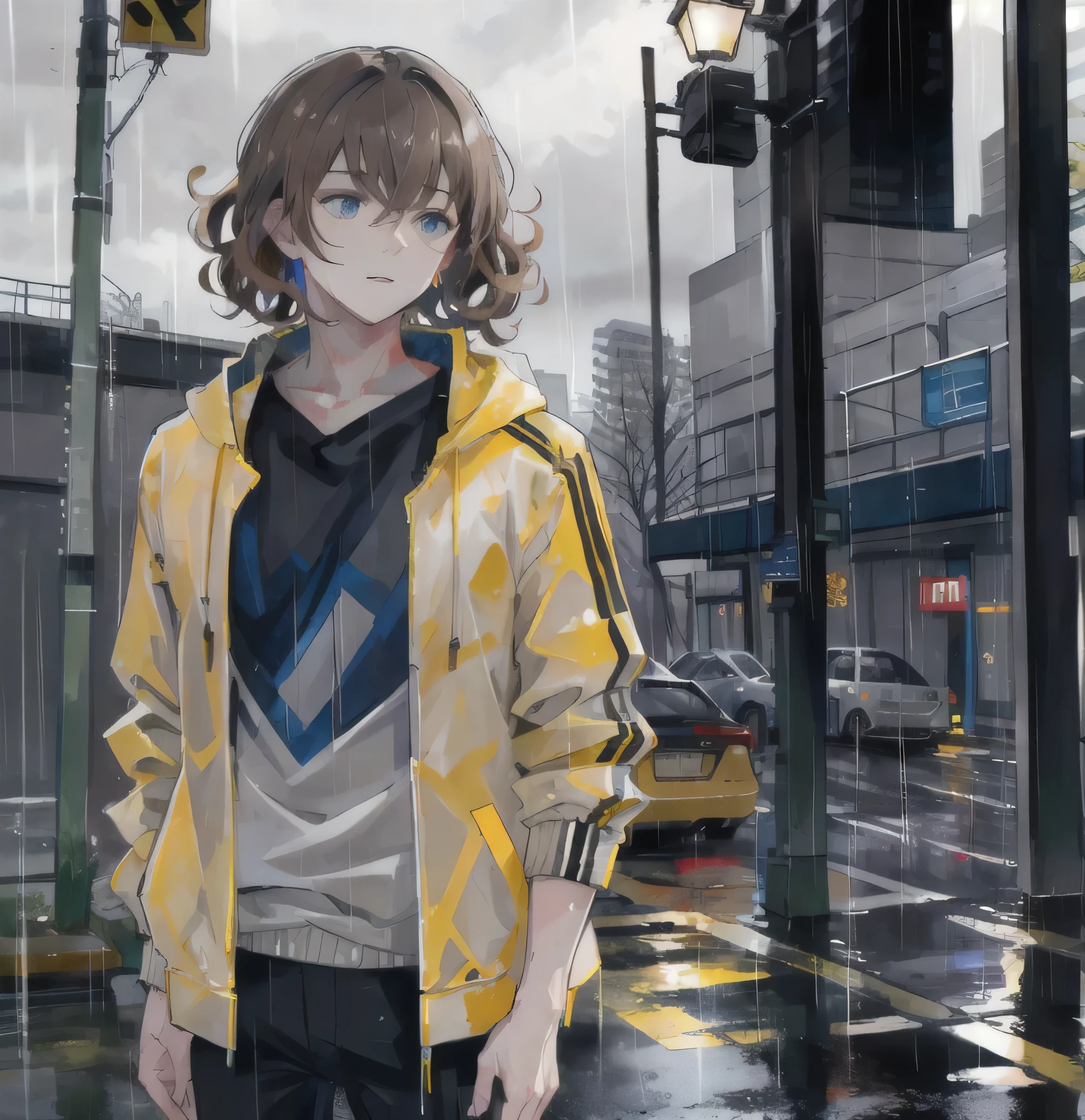 Young man, brown hair, curly hair style, medium hair, blue eyes, yellow rain jacket, black pants, in the rain, rain city, grey sky, detailed, 4k, masterpiece,