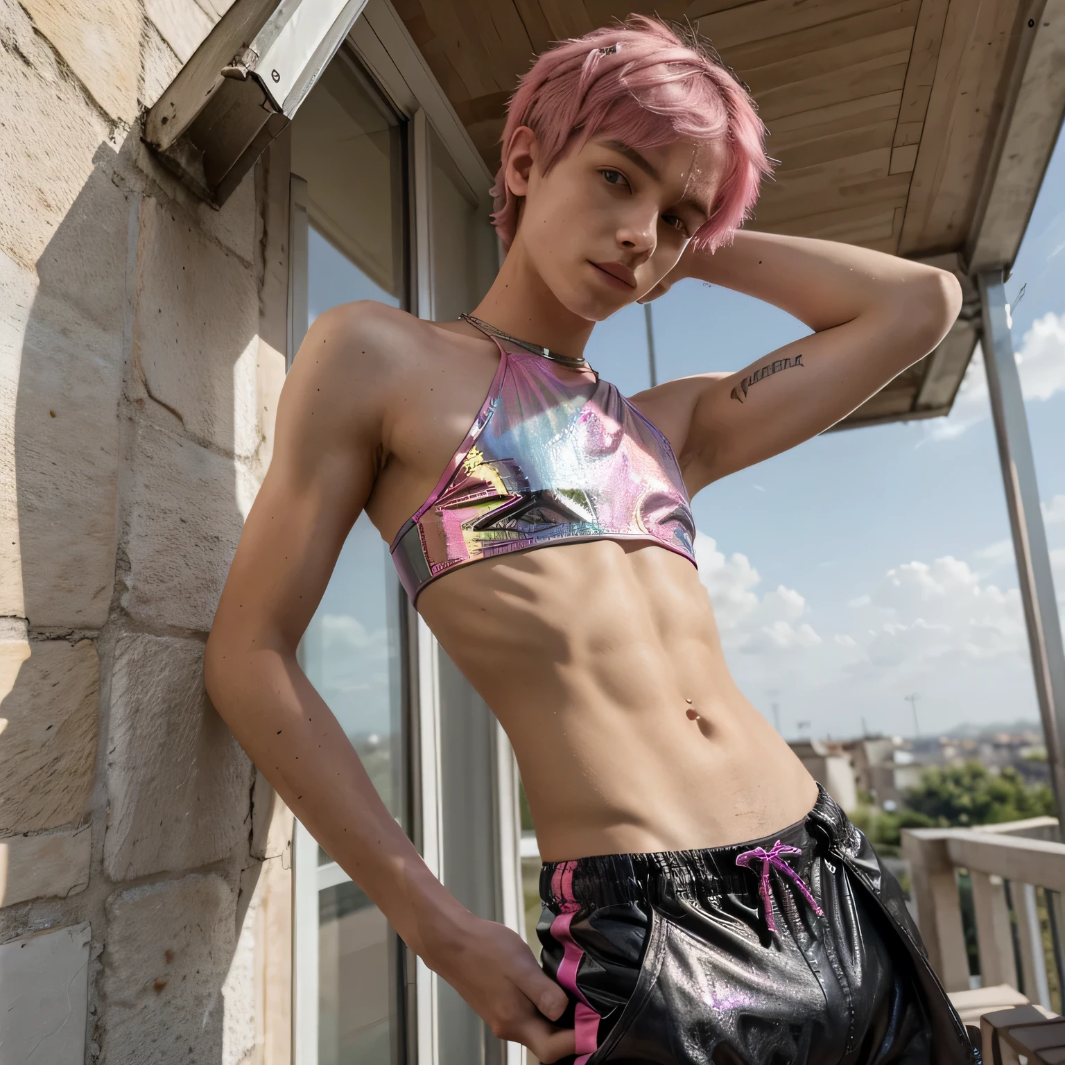 A 19-year-old twink man, 1m74, quite thin and with pink hair, dressed in a masculine multi-colored chrome crop-top. Il a des aile de papillon et il est sur un toit de maison en ardoise.