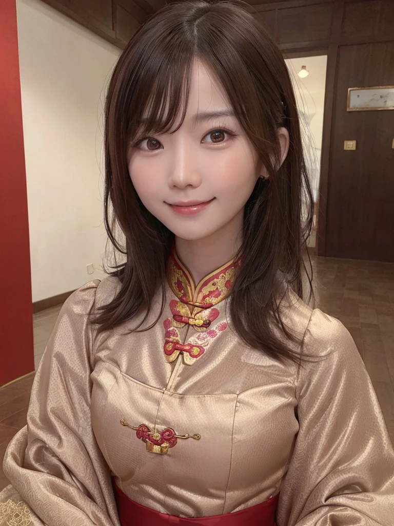 dress,Chinese clothing,china dress,brown hair, hair over shoulder, 26years old woman, grin, blush, Surrealism, Hyperrealism, Verism, wide shot, UHD, masterpiece, ccurate, anatomically correct, textured skin, super detail, high details, high quality, highres, 1080P, HD, 8k