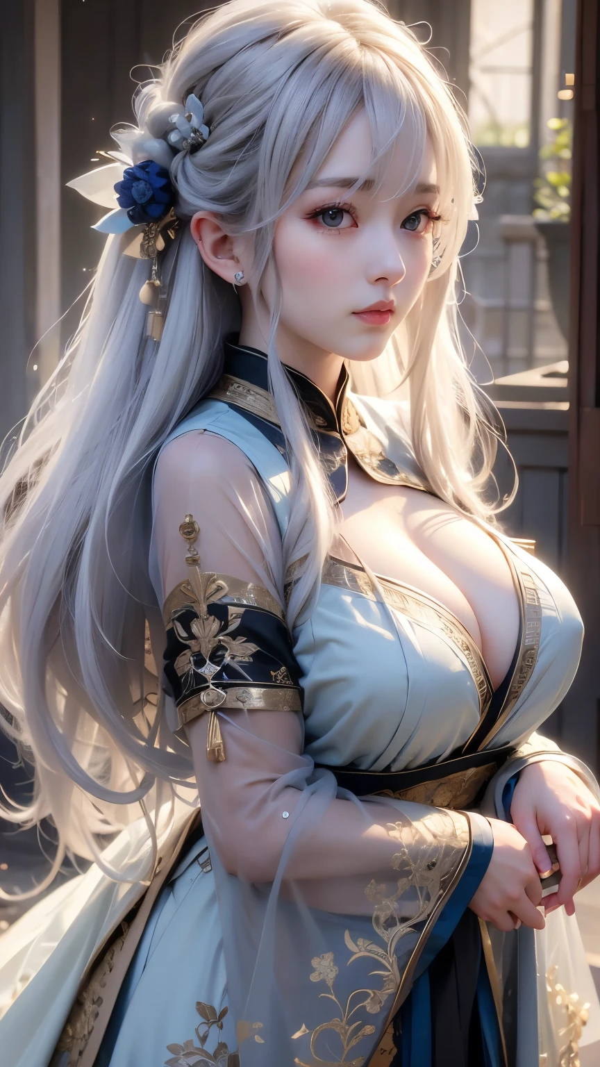 ((masterpiece)), (detailed:1.4),Realistic、 Beautiful Woman Images,High resolution(High Dynamic Range),Ray Tracing,NVIDIA,Super Resolution,PBR Textures,Post-processing,Anisotropic Filtering,Maximum depth of field resolution and crisp layer textures,Albedo and Specular Maps,Surface Shading,Accurate simulation of material interactions,Perfect balance,Rendering with Octane,2-color light,Large Diameter,Low ISO,White balance,Rule 3 points、8K raw data、Backlight、Beautiful white and shining skin、Gray hair that changes with light、Long bangs obstruct the view、Highlights of cheek luster、Sexy and very beautiful and adorable face、The most beautiful face in the world、Super long and gorgeous white hair、Smooth straight hair、WHITE hair fluttering in the wind、big, glowing bright blue eyes、Beautiful Bangs、Beautiful cute girl 25 years old、Great cleavage、Beautiful black dress、(background:Crystal AI:1.3)