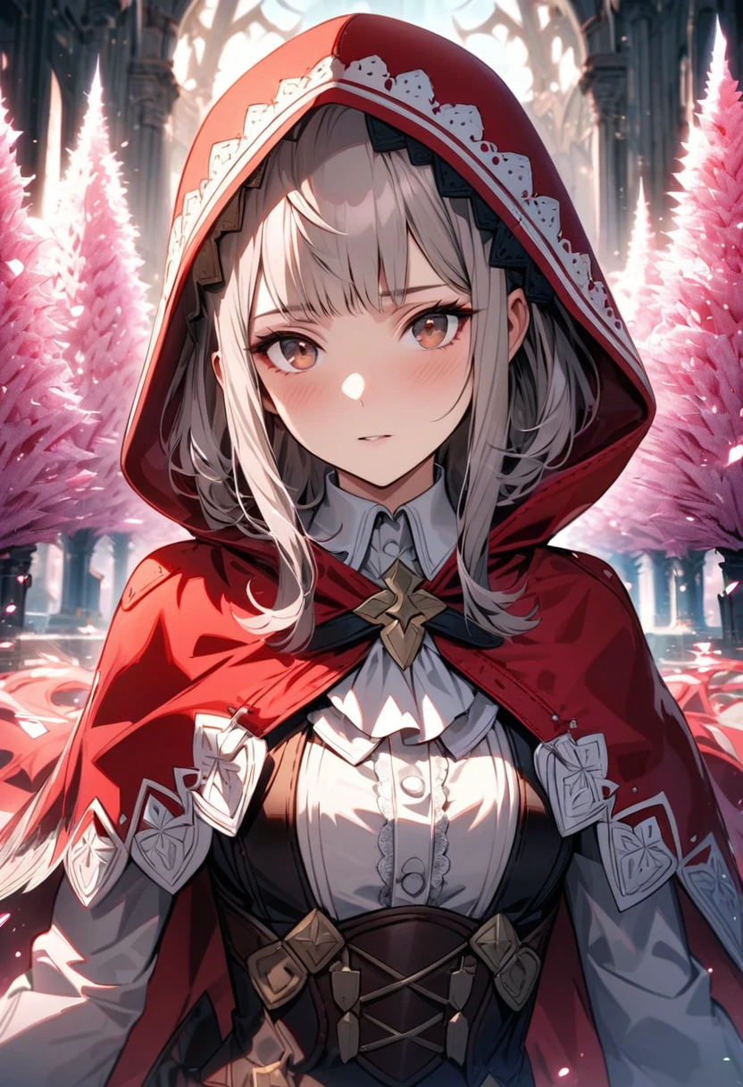 absurdres, highres, ultra detailed, HDR, masterpiece, extremely detailed face and eyes, Velouria, grey hair, expressive brown eyes, Fire Emblem Fates, solo, girl, extremely beautiful, pretty, red cape with a hood, pink ice trees, pink ice flowers, pink ice butterflies