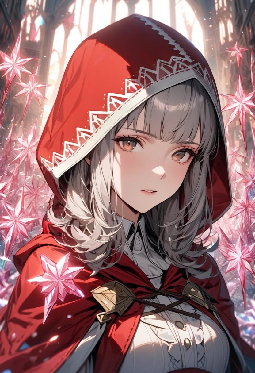 absurdres, highres, ultra detailed, HDR, masterpiece, extremely detailed face and eyes, Velouria, grey hair, expressive brown eyes, Fire Emblem Fates, solo, girl, extremely beautiful, pretty, red cape with a hood, pink ice trees, pink ice flowers, pink ice butterflies