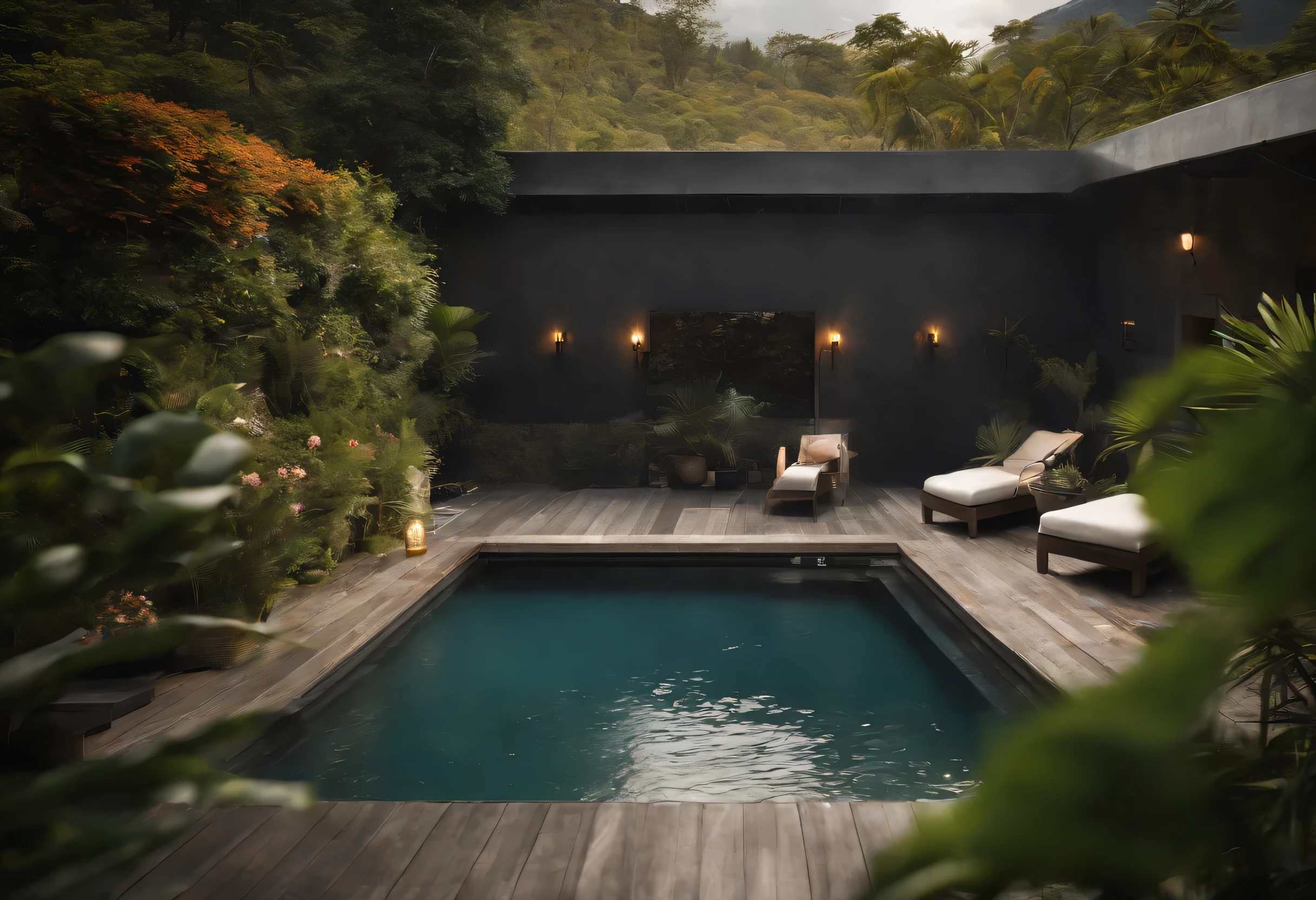 there is a large pool with a waterfall and flowers in it, small wellness relaxation pool, paradise in the background, relaxing environment, relaxing, serene emotion, pools and streams, hot tub, serene scene, relaxing atmosphere, wellness pool, japanese onsen, high-end onsen, spa, very relaxing, serene environment, onsen, beautiful scenic view, dream pool