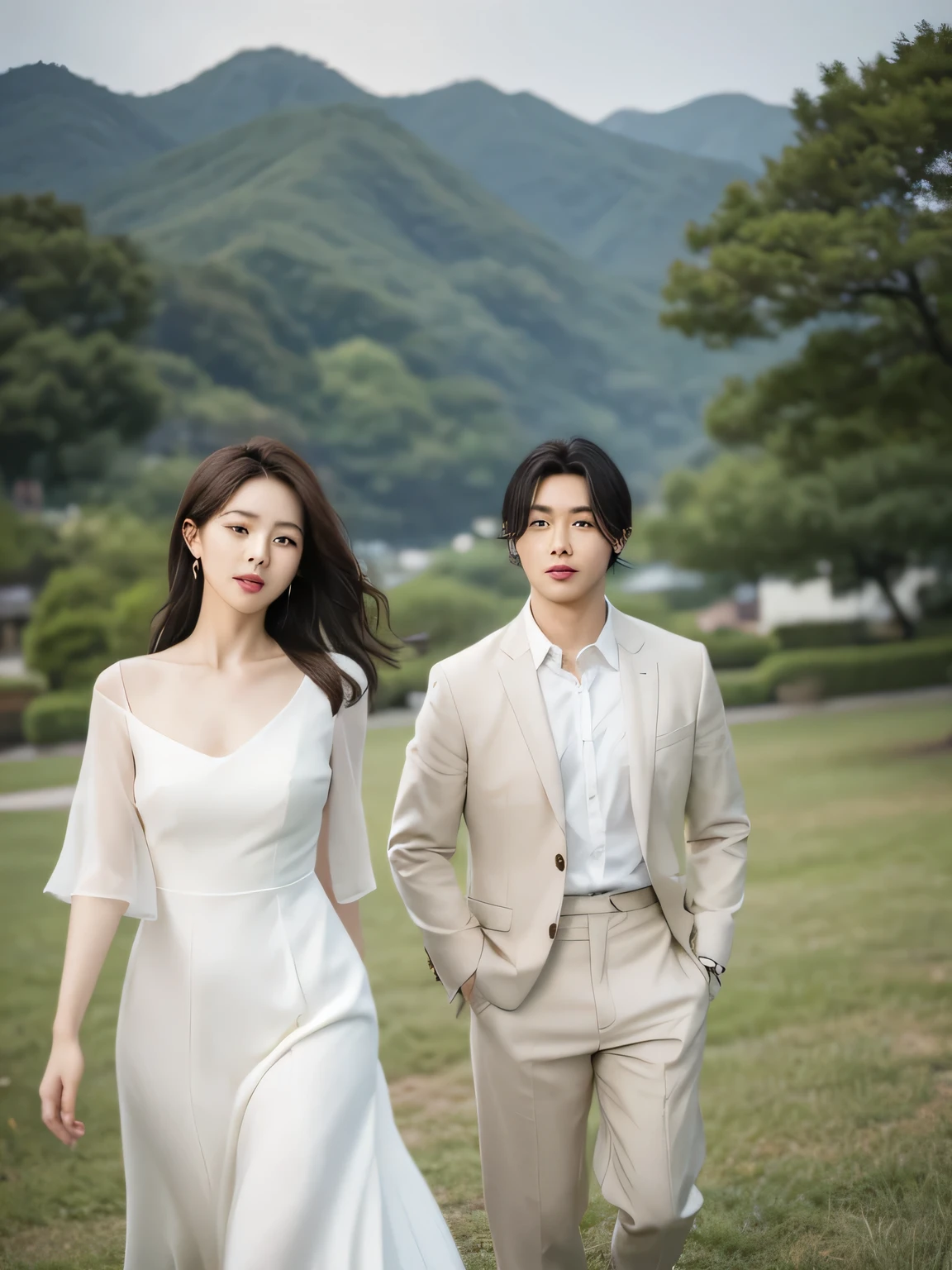 Handsome Korean man with black hair, forehead covering the forehead (brown hair, bob hair, layer cut, shaking in the wind, forehead),Head of beautiful young Korean woman standing next to, A man in a shirt and a woman in a white formal dress. singer,  green background