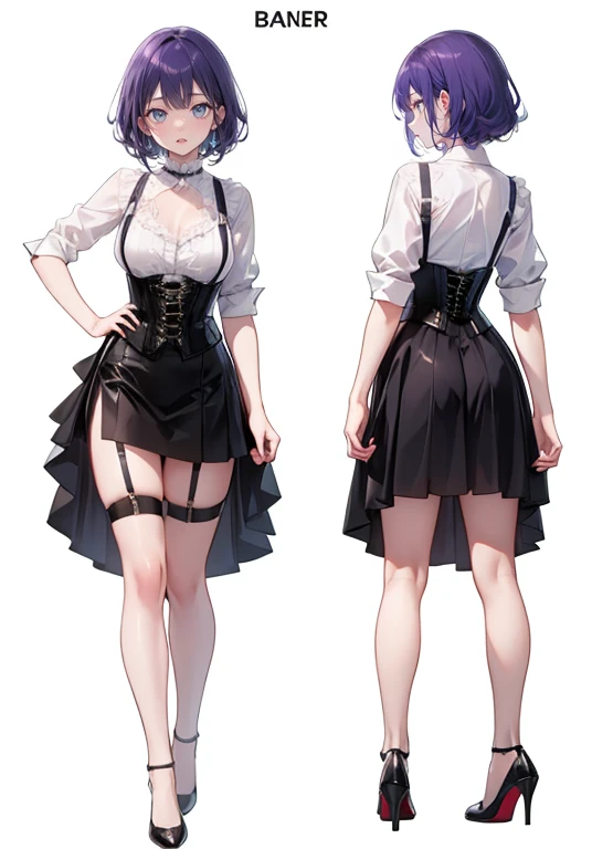 Purple Hair,Shortcuts,Adult female,(((bartender))),((Body Harness)),((Rolling up your sleevesＹshirt)),(corset),mini skirt(Short skirt),((garter belt)),High heels,((Simple Background)),smile,((Full Body)),((full body)),((whole body)),Character Sheet,