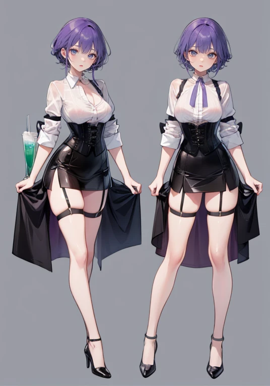 Purple Hair,Shortcuts,Adult female,(((bartender))),((Body Harness)),((Rolling up your sleevesYshirt)),(corset),mini skirt(Short skirt),((garter belt)),High heels,((Simple Background)),smile,((Full Body)),((full body)),((whole body)),Character Sheet,