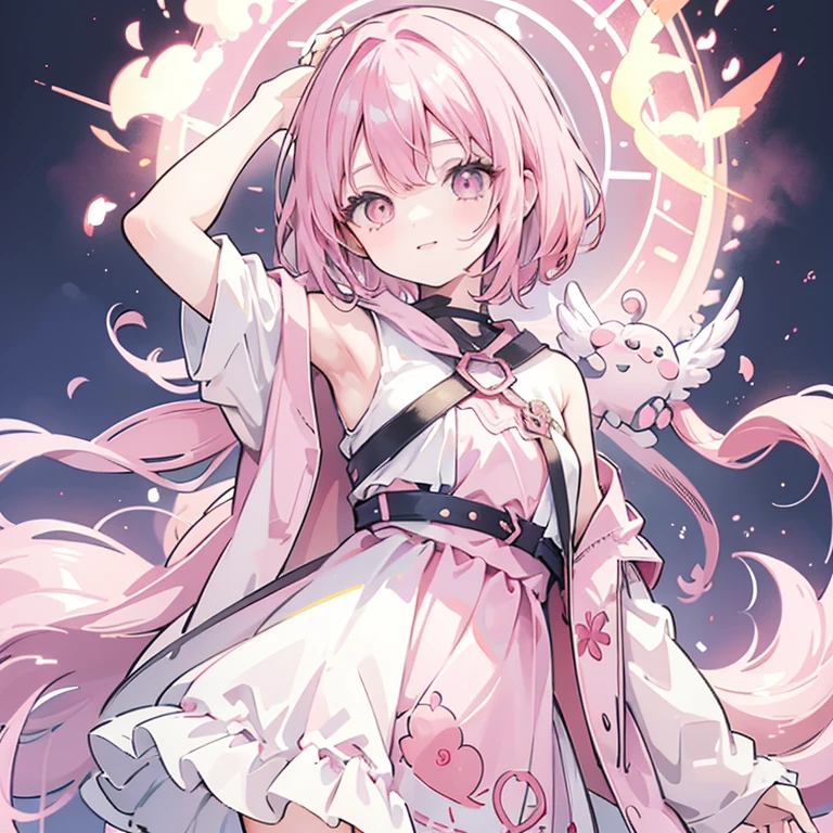 Girl with messy short pink hair, olhos azuis, roupa rosa com detalhes, firepower in your hands, leve sorriso, anime