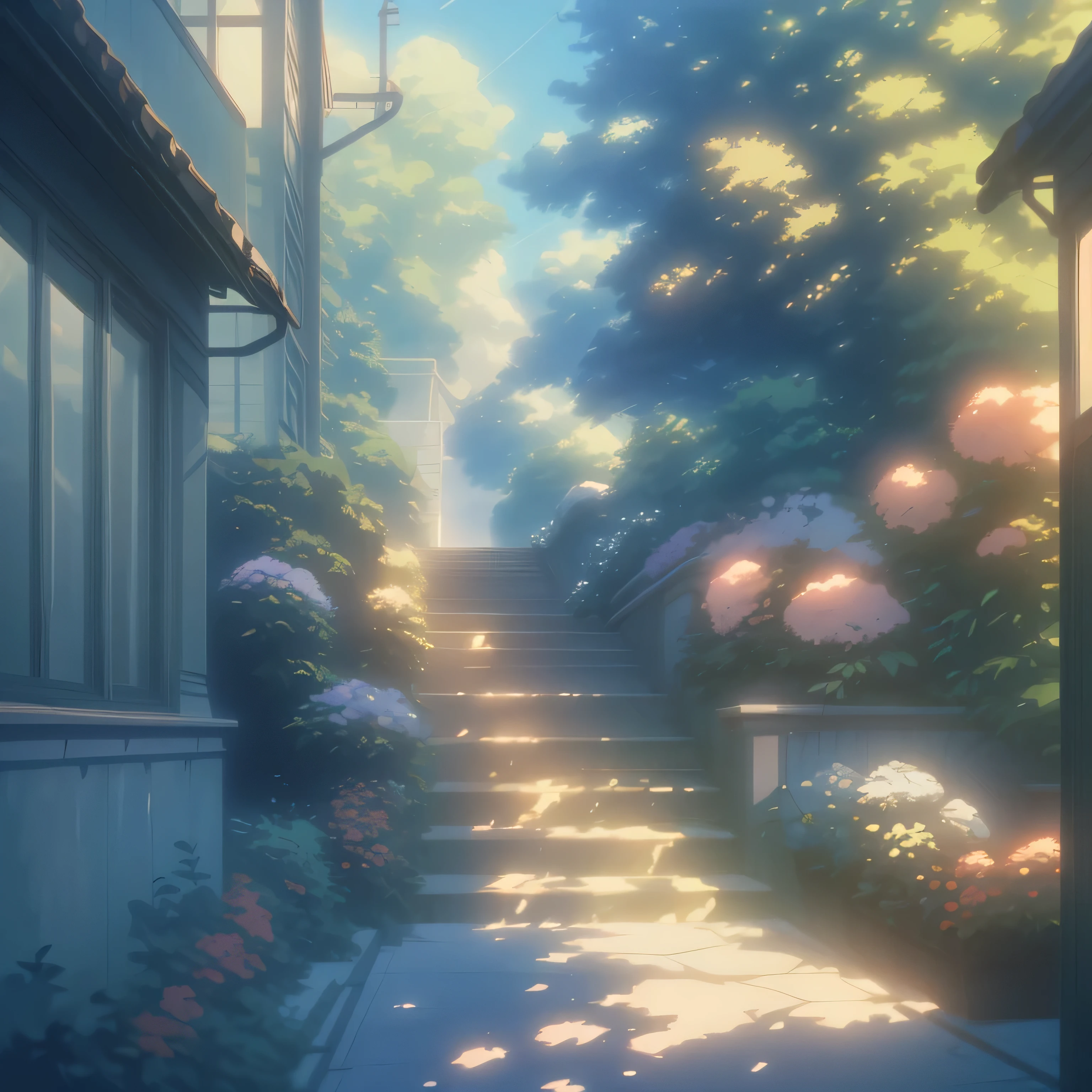 a painting of stairs leading up to the way, flowers, hanging flowers, roses, makoto shinkai. high detail, overgrowth. by makoto shinkai, by makoto shinkai, by Makoto Shinkai, anime. by makoto shinkai, studio ghibli environment, ghibli studio art, cinematic studio ghibli still, ghibli studio style, style of makoto shinkai, 4k hd,, beautiful art uhd 4 k, a beautiful artwork illustration, beautiful digital painting, highly detailed digital painting, beautiful digital artwork, detailed painting 4 k, very detailed digital painting, rich picturesque colors, gorgeous digital painting