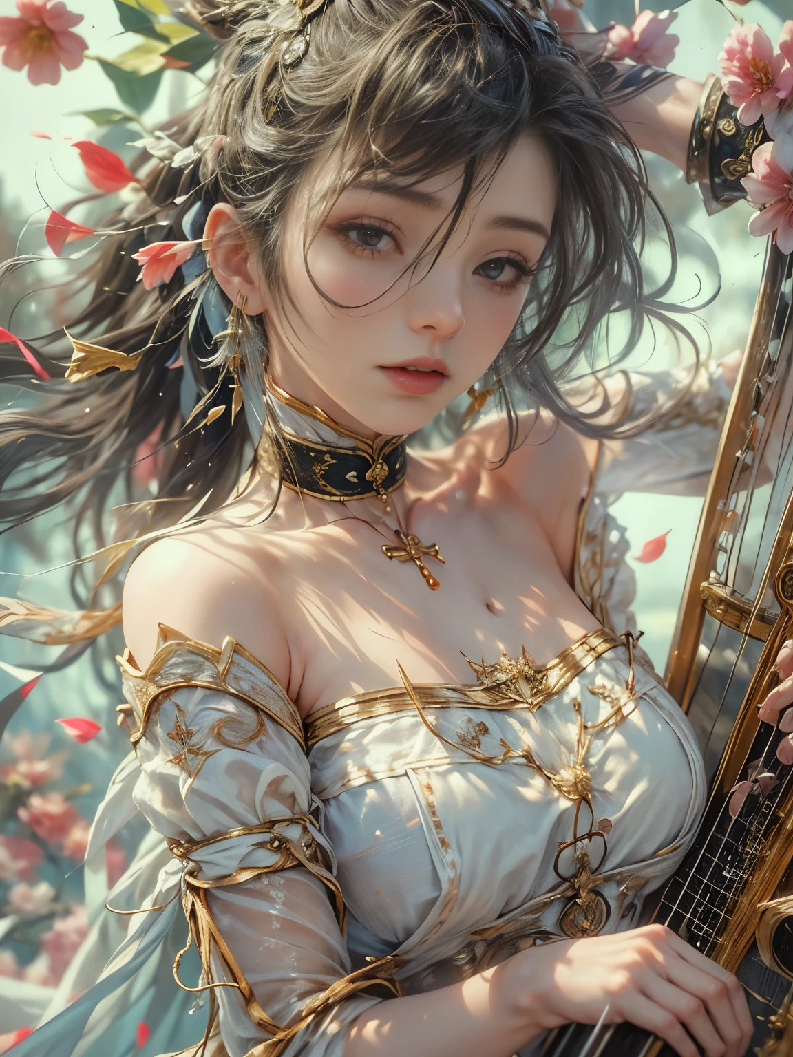 (8K, highest quality, masterpiece)，(Realistic, RAW Photos, Super Fine Clear), Realistic Light, Detailed skin, Beautiful woman, ((25-year-old female, bard:1.5)), Thin legs, fine grain, white long hair, Detailed fingers, thin, Sexual, Ecstasy facial expression, (Super big boucing firm bust:1.2), (deep scarlet long dress), The chest part of the dress is wide open, Chest exposed, (flower garden, Flower storm), (playing a musical instrument:1.3), lakeside