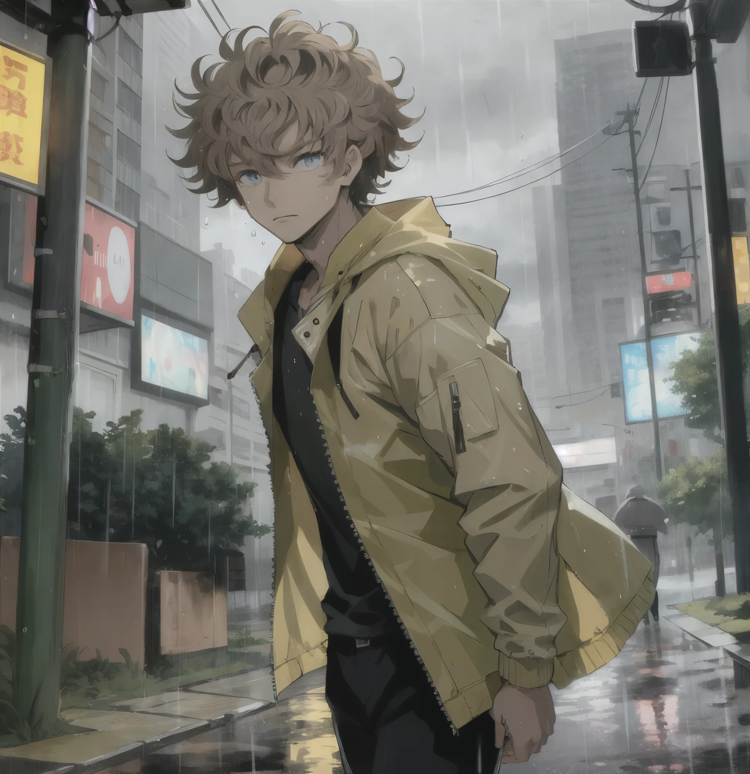 Anime, young boy, brown hair, curly hair style, medium hair, blue eyes, yellow rain jacket, black pants, in the rain, rain city, grey sky, detailed, 4k, masterpiece,