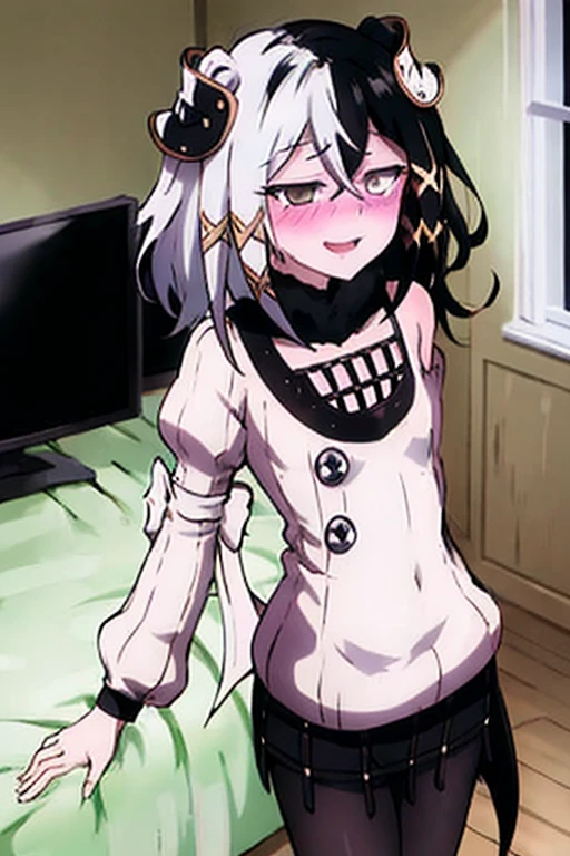 ((highest quality)), ((masterpiece)), (be familiar with), Perfect Face, indoor, Bedroom, Watching the audience,
One woman, Antiline Helan Fouché,
Open Mouth, Ecstatic expression, blush, smile,
Small breasts, Flat Chest, Young Girl, , , Girl,
Short Hair, Black and white hair, Two-tone color, Black and white eyes, Odd Eye, short hair,
Leg spread,