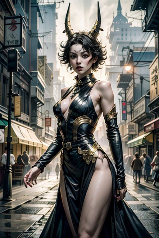 (best quality,4k,8k,highres,masterpiece:1.2),ultra-detailed,(realistic,photorealistic,photo-realistic:1.37),(A persona user from Persona 5, accompanied by their guardian spirit, stands in a vibrant and bustling city. The persona user, dressed in stylish and unique attire, exudes confidence and determination. The persona user stands tall, projecting an aura of strength and power.), (Beside the persona user, their guardian spirit manifests in the form of a Yokai, a supernatural creature known for its mystical abilities. With intricate details and vibrant colors, the Yokai emanates an otherworldly presence. It serves as a visual representation of the persona user's inner self, both a protector and a source of power.), (Surrounding the persona user and the Yokai, the cityscape comes alive with bustling streets, vibrant signs, and towering skyscrapers. The city is bathed in the hues of sunset, casting a warm and mysterious glow over the scene. The lights from the city create an enchanting ambiance, highlighting the contrast between the modern metropolis and the fantastical elements of the persona user and the Yokai.), (In terms of art style, the image embodies a fusion of anime and concept art. This combination captures the essence of the Persona 5 world and brings it to life with bold lines, dynamic poses, and a unique blend of realism and fantasy. The art style seamlessly integrates the supernatural elements with the urban setting, creating a visually striking composition.), (The lighting in the image is carefully crafted to enhance the atmosphere and mood. Soft, diffused light illuminates the persona user's face, accentuating their features and adding a touch of mystery. The cityscape is bathed in golden hues, creating a warm and inviting ambiance that contrasts with the supernatural elements of the scene.)