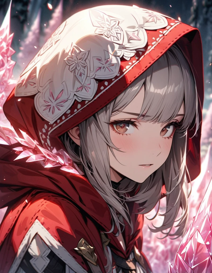 absurdres, highres, ultra detailed, HDR, masterpiece, extremely detailed face and eyes, Velouria, grey hair, expressive brown eyes, Fire Emblem Fates, solo, girl, extremely beautiful, pretty, red cape with a hood, pink ice trees, pink ice flowers, pink ice butterflies