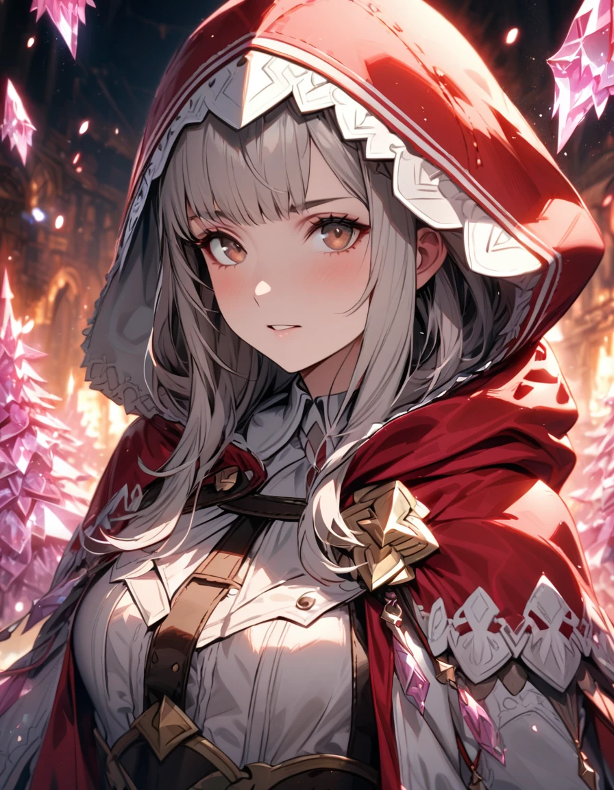 absurdres, highres, ultra detailed, HDR, masterpiece, extremely detailed face and eyes, Velouria, grey hair, expressive brown eyes, Fire Emblem Fates, solo, girl, extremely beautiful, pretty, red cape with a hood, pink ice trees, pink ice flowers, pink ice butterflies