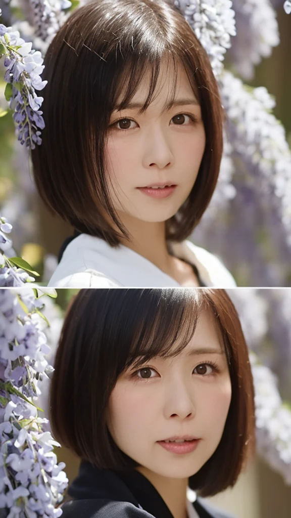 ((Top Quality)), ((8K)), ((Masterpiece: 1.3)), (Perfect Appearance), (Photorealism: 1.6), (Japanese woman's standing posture), (woman standing under wisteria trellis), japanese woman, (48 years old), ((Realistic skin texture)), (Fine wrinkles throughout the skin: 1.2), (Dull skin), (Skin without moisture) , (Wrinkles on the face: 0.9), (Wrinkles on the corners of the eyes: 1.2), Double eyelids, tear bags on the lower eyelids, The eyes are looking here, serious gaze, (Dimples: 1.2), short hairstyle, sitting, jacket over white blouse, high heels, (whole bod), low angle, minami,
