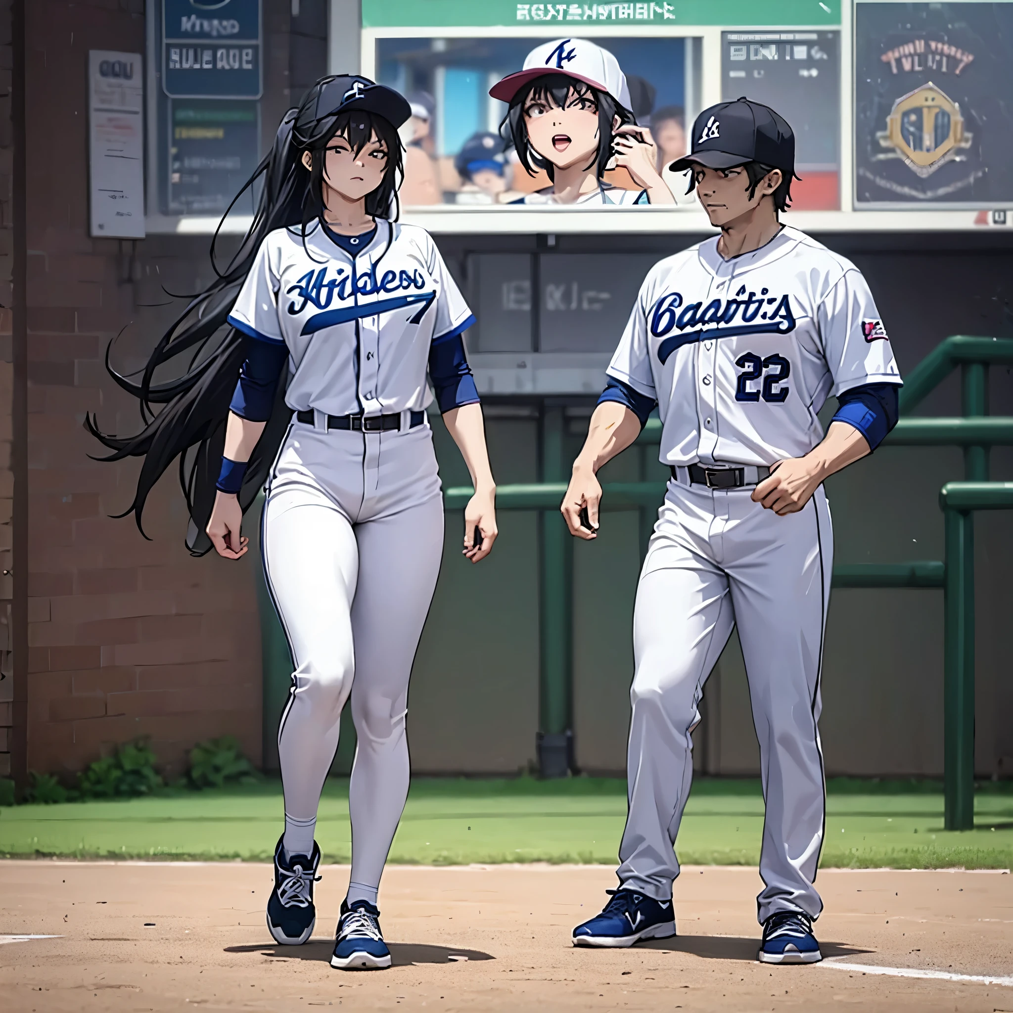 a man together with his wife, wearing traditional baseball uniform, sports shoes, baseball hat, walking on the baseball field during the day, concept everywhere, big TV in the background,full body, muscular, serious face, very detailed, masterpiece, ultra defined, ultra resolution.
