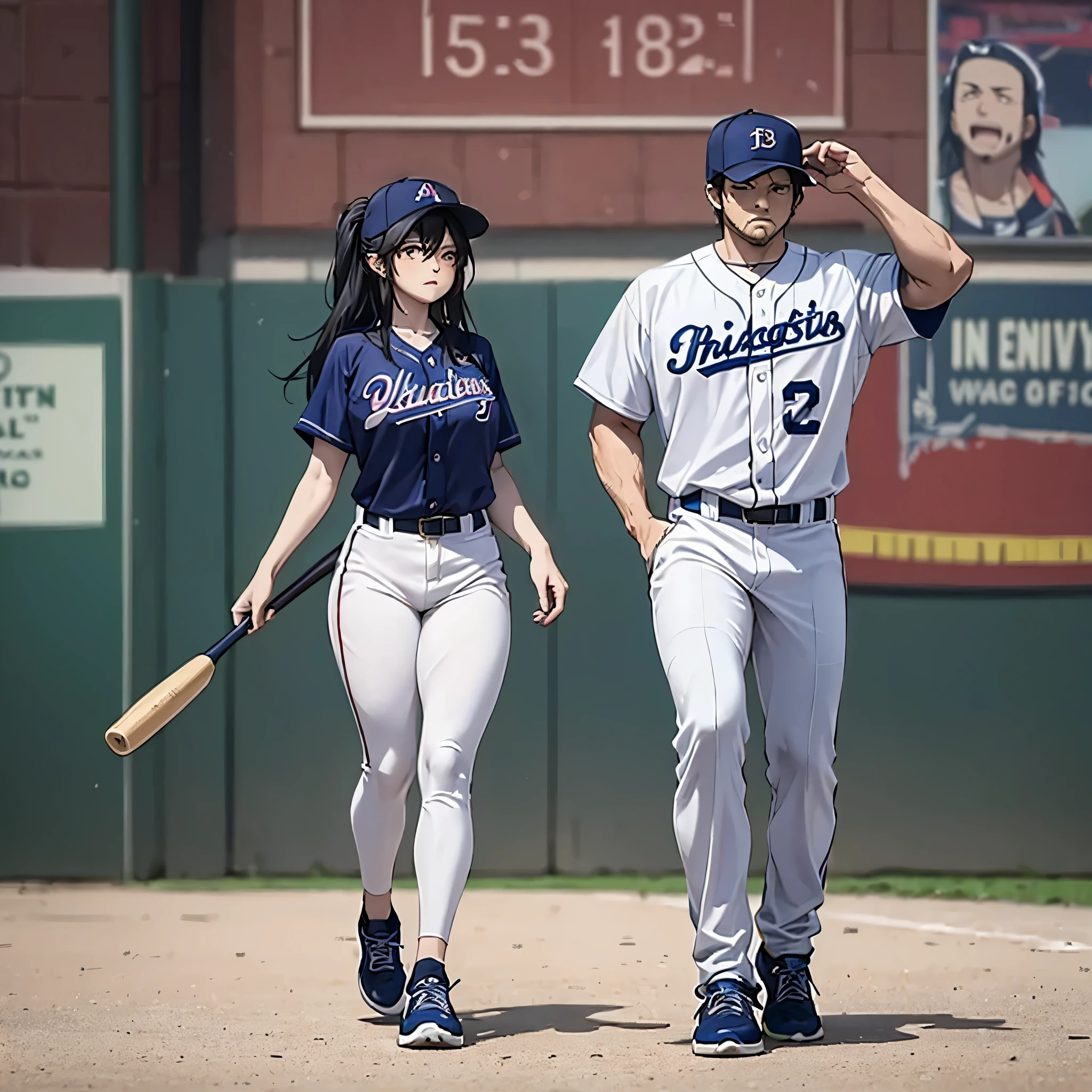 a man together with his wife, wearing traditional baseball uniform, sports shoes, baseball hat, walking on the baseball field during the day, concept everywhere, big TV in the background,full body, muscular, serious face, very detailed, masterpiece, ultra defined, ultra resolution.