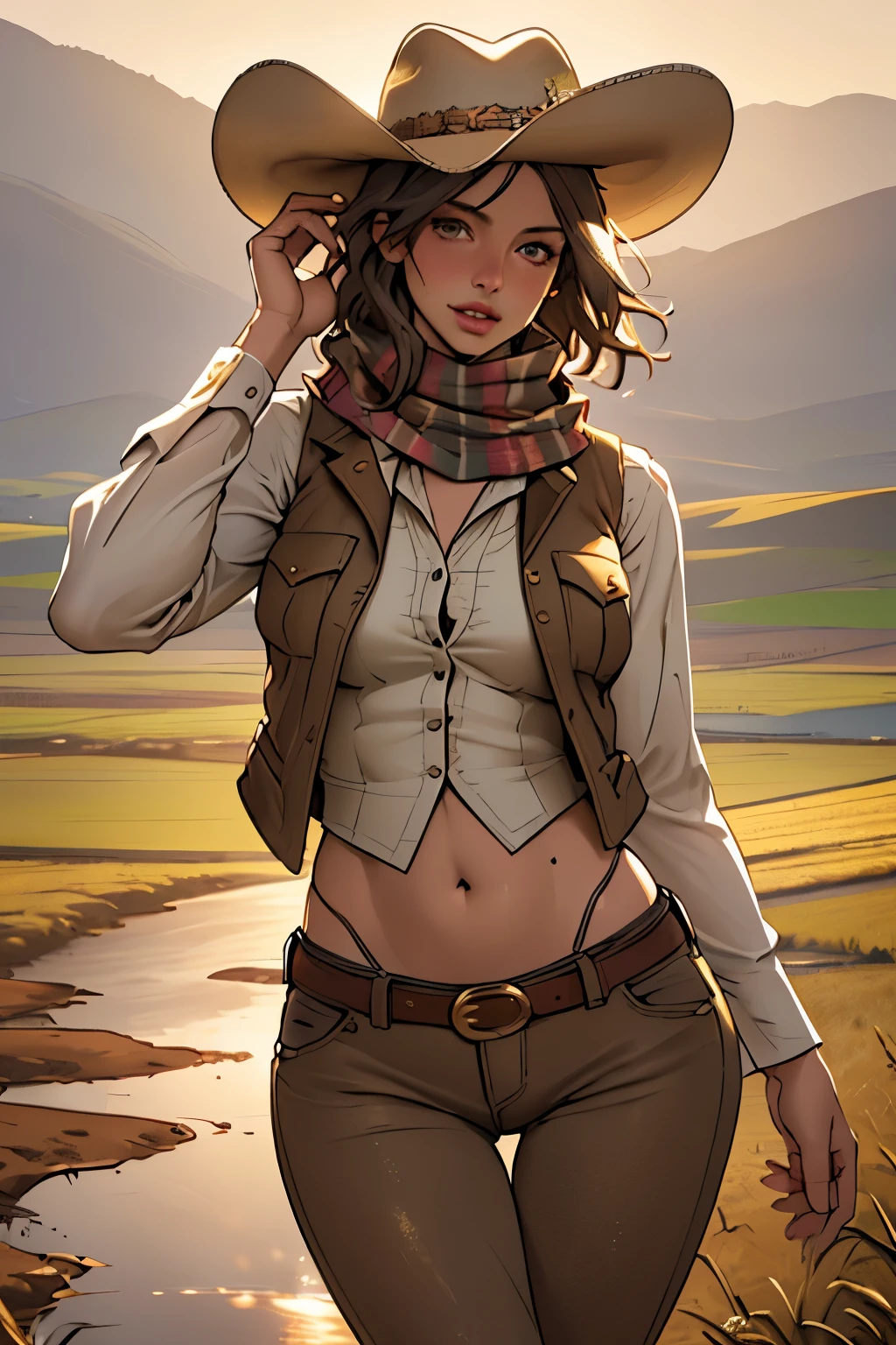 (highest quality, Super detailed, realistic:1.37), outdoor, girl, muddy, detailed and beautiful eyes, beautiful detailed lips, cowboy hat, vest with fringes, slim waist, wide hips, thigh gap, show belly, pants, scarf, With confidence, middle of chest, dusty farm landscape, golden hour lighting