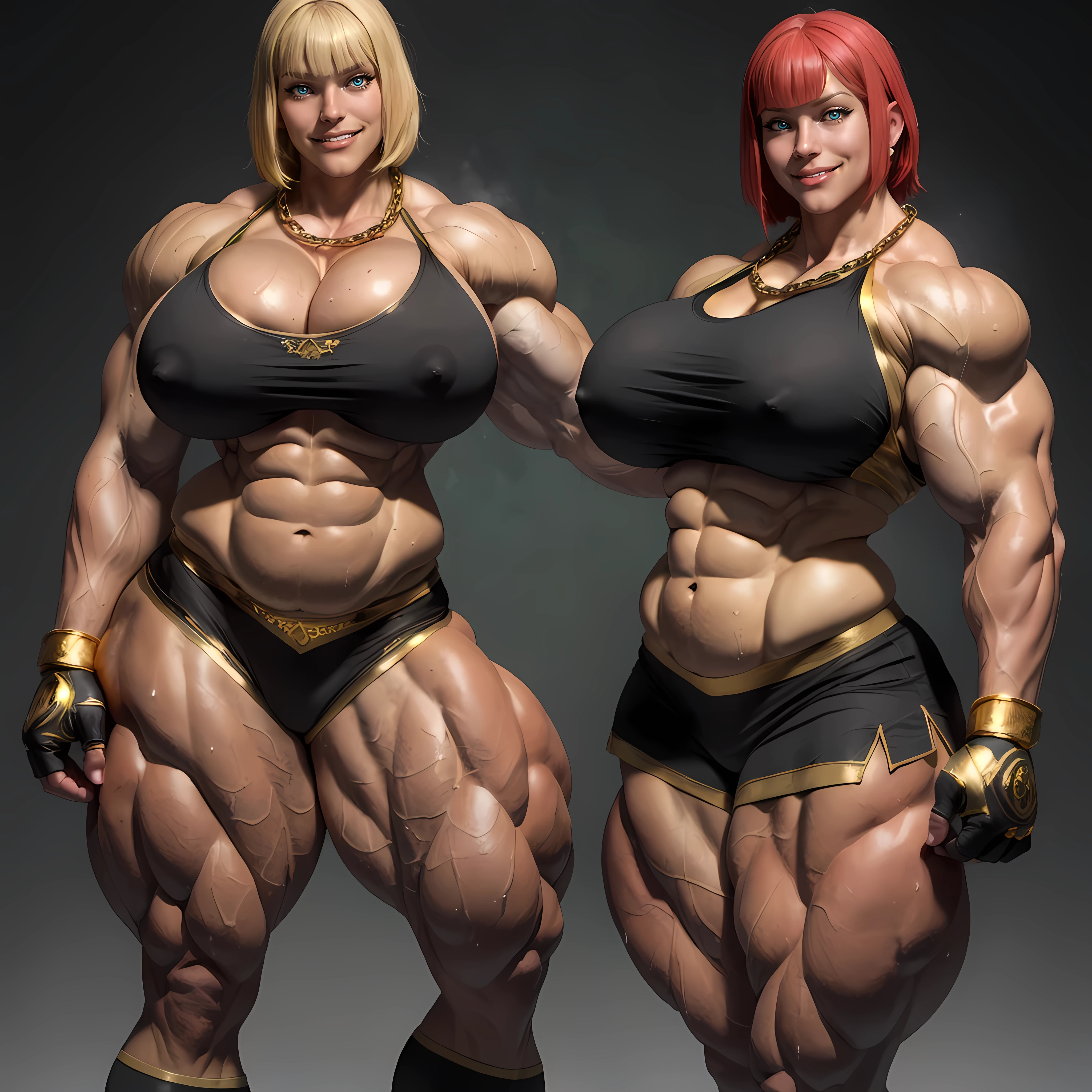 (insanely detailed, beautiful detailed face, masterpiece, best quality), solo woman, alone, 1girl, Katheryn Winnick dressed as Marisa, (((((Massive Female Bodybuilder))))), ((((Huge Breasts)))), (((wide hips))), (((NSFW:0.99))), ((perfect anatomy)), blunt bangs, makeup, green eyes, smile, sweat, smelly, blush, Mattire, fingerless gloves, black sports bra with gold trim, big chain necklace, toeless legwear, bike shorts, small skirt with gold trim,