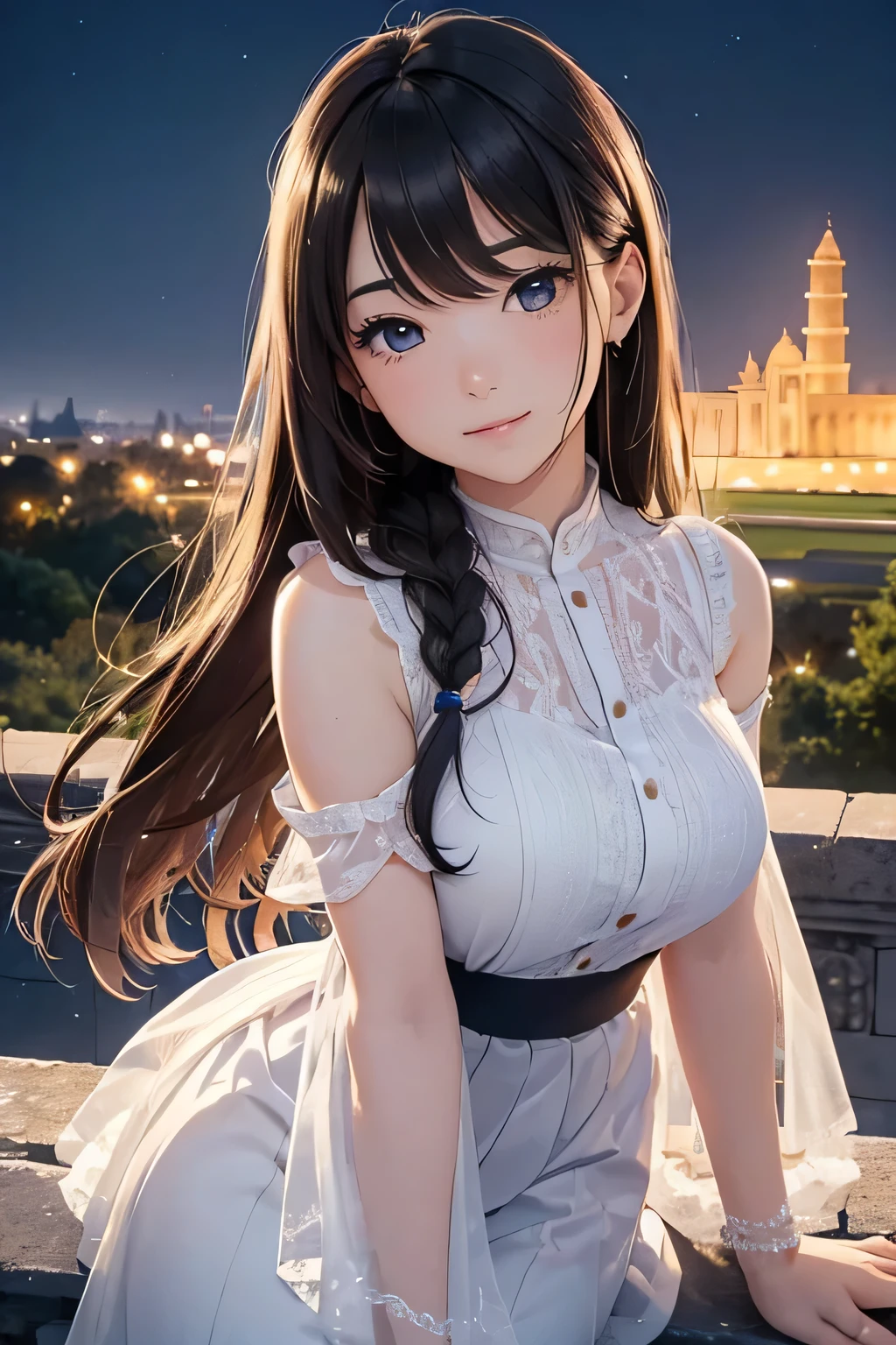 highest quality、High resolution、Detailed Background、(Beautiful face in every detail:1.4)、Anatomically correct、(Draw the usual number of fingers:1.2)、(Detailed facial expressions)、(Detailed eyes:1.2)、(Detailed eyes:1.2)、Beautiful, smooth skin、Beautiful women in their 20s、(Highly detailed face:1.4)、cute hair color、Braided long hair、Wavy Hairstyle、well-groomed eyebrows、cute eye makeup、Cute Lip Makeup、Perfect body line、In a joking manner、(Cute clothes with minimal exposure:1.2)、A big smile、Cowboy Shot、
(A beautiful woman with a world heritage site illuminated at night and a beautiful landscape in the background:1.5)、
The Parthenon is one of the most famous temples of Ancient Greece.、 The white marble buildings are beautiful and the views from the Acropolis are spectacular.、 Take a photo with the view from the top of the Acropolis hill in the background、 The Leaning Tower of Pisa is a famous tourist attraction in the city of Pisa, Italy.。 The tower itself is tilted, so you can take advantage of this to take photos with great poses and angles.、 The Taj Mahal is a world-famous white marble structure in Agra, India.、Take photos with the beautiful Taj Mahal as a backdrop, especially when lit up at night.、 Angkor Wat is an ancient Buddhist temple in Siem Reap, Cambodia。 Its beautiful stone buildings and natural scenery make it the perfect place for some stunning photos.。 Holding hands while watching the sunset、Especially when the couple is holding hands with the sunset in the background at the beach or on a mountain top.、 You can take photos of the two of you making cute poses and expressions to create special memories.、cute